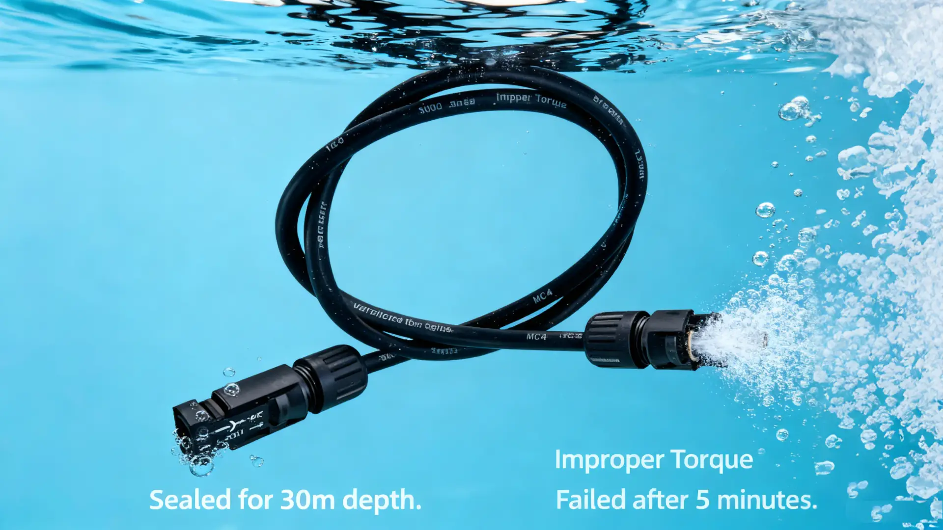 Side-by-side underwater MC4 test showing sealing failure from incorrect torque