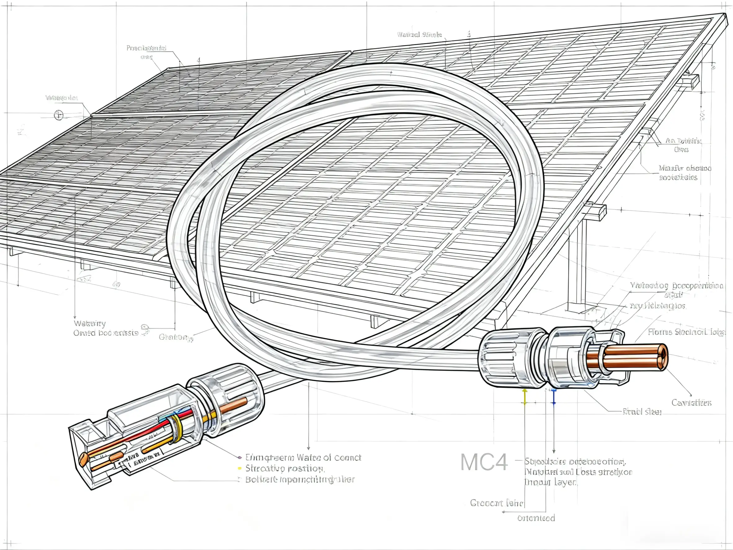 MC4 connector cable diagram with solar panel technical blueprint