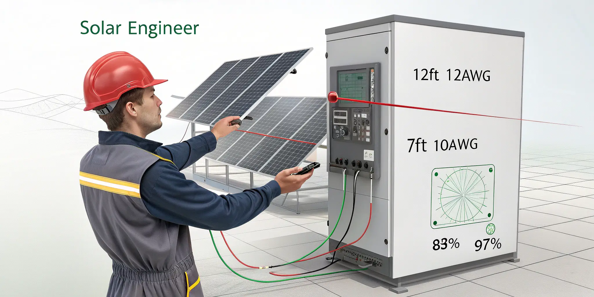 Solar engineer testing panel efficiency using 10AWG and 12AWG cables