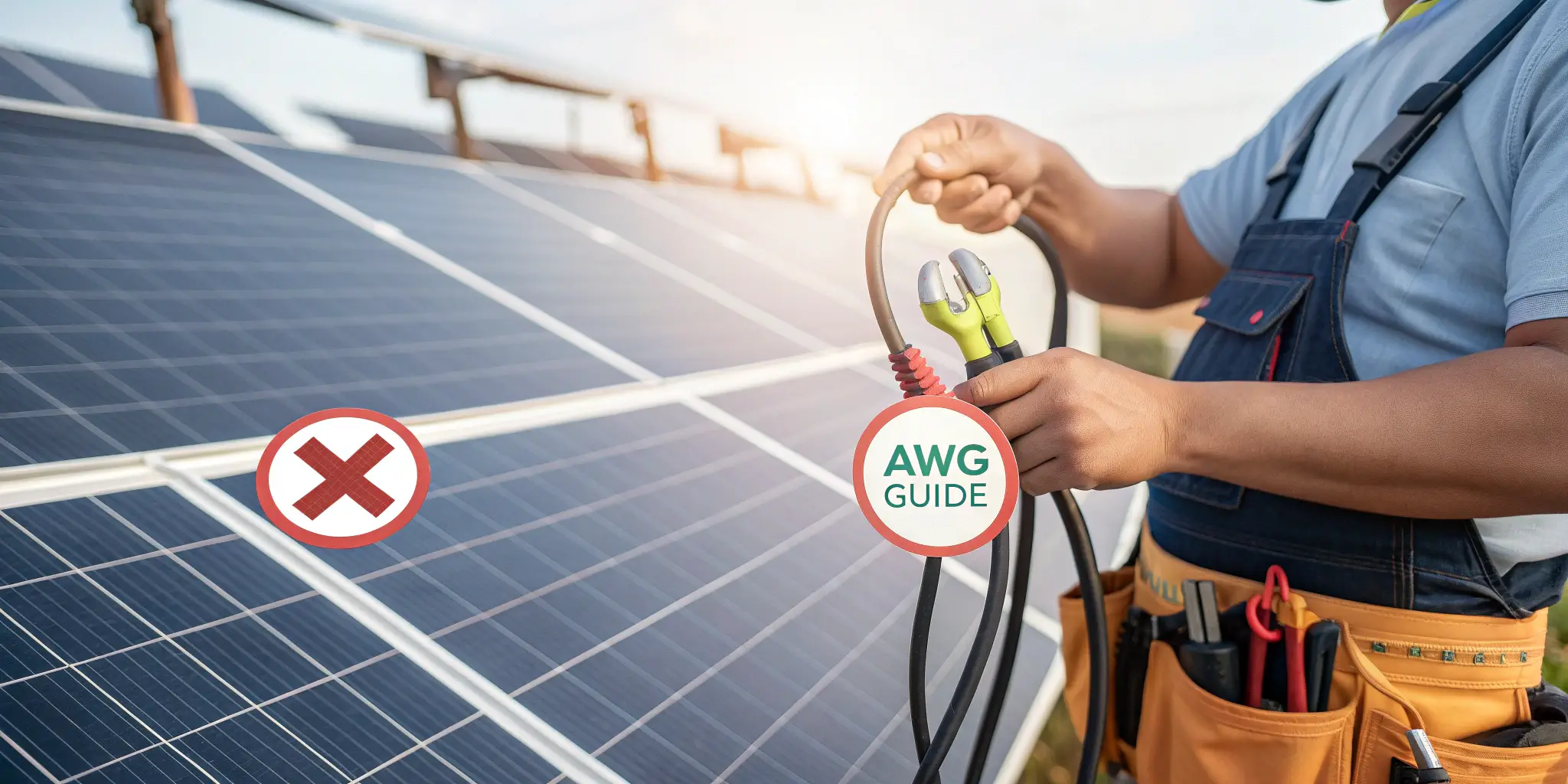 Installer comparing correct vs oversized cable lugs on solar array