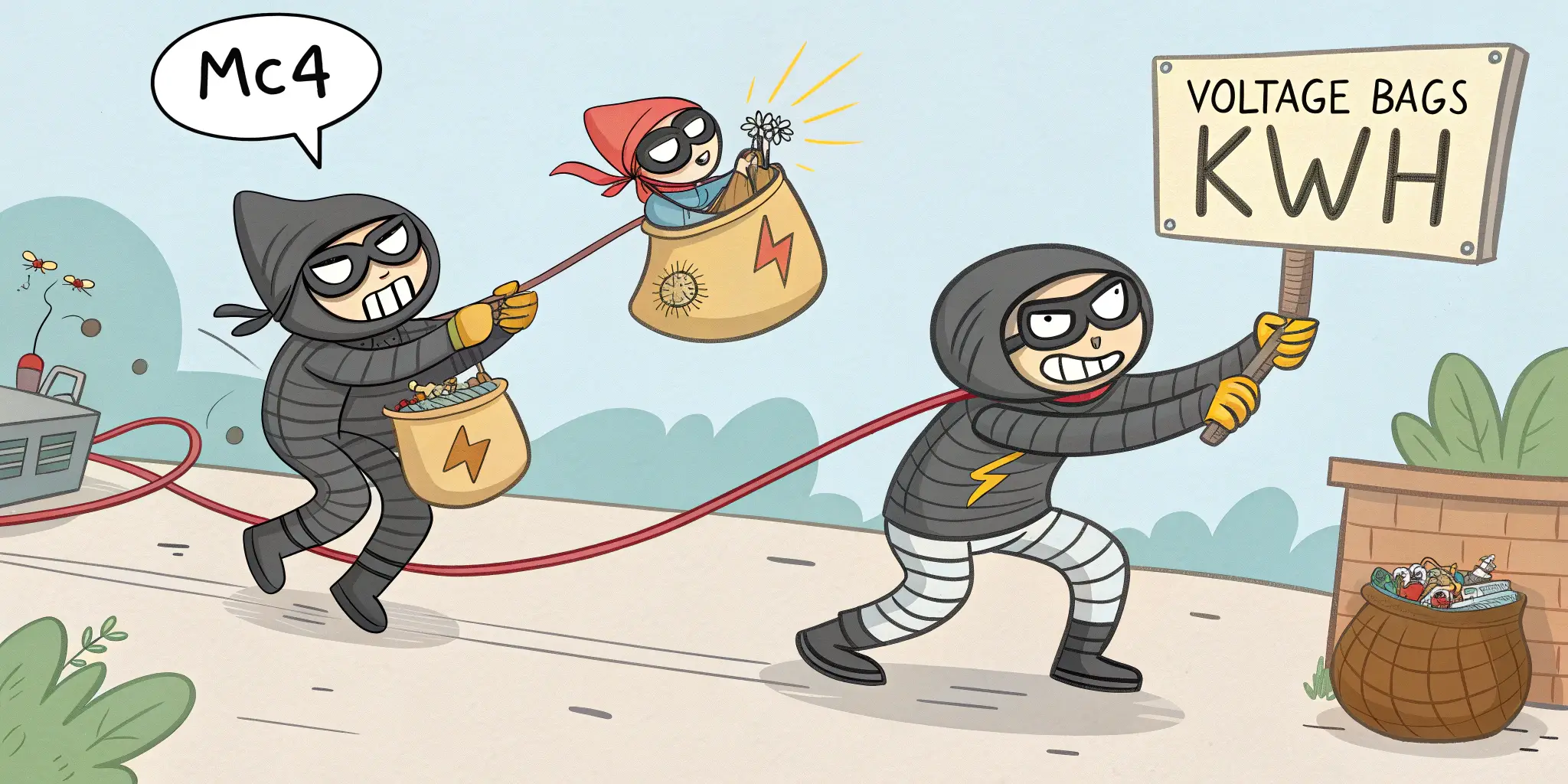 Funny cartoon showing MC4 cables stealing voltage and kWh power