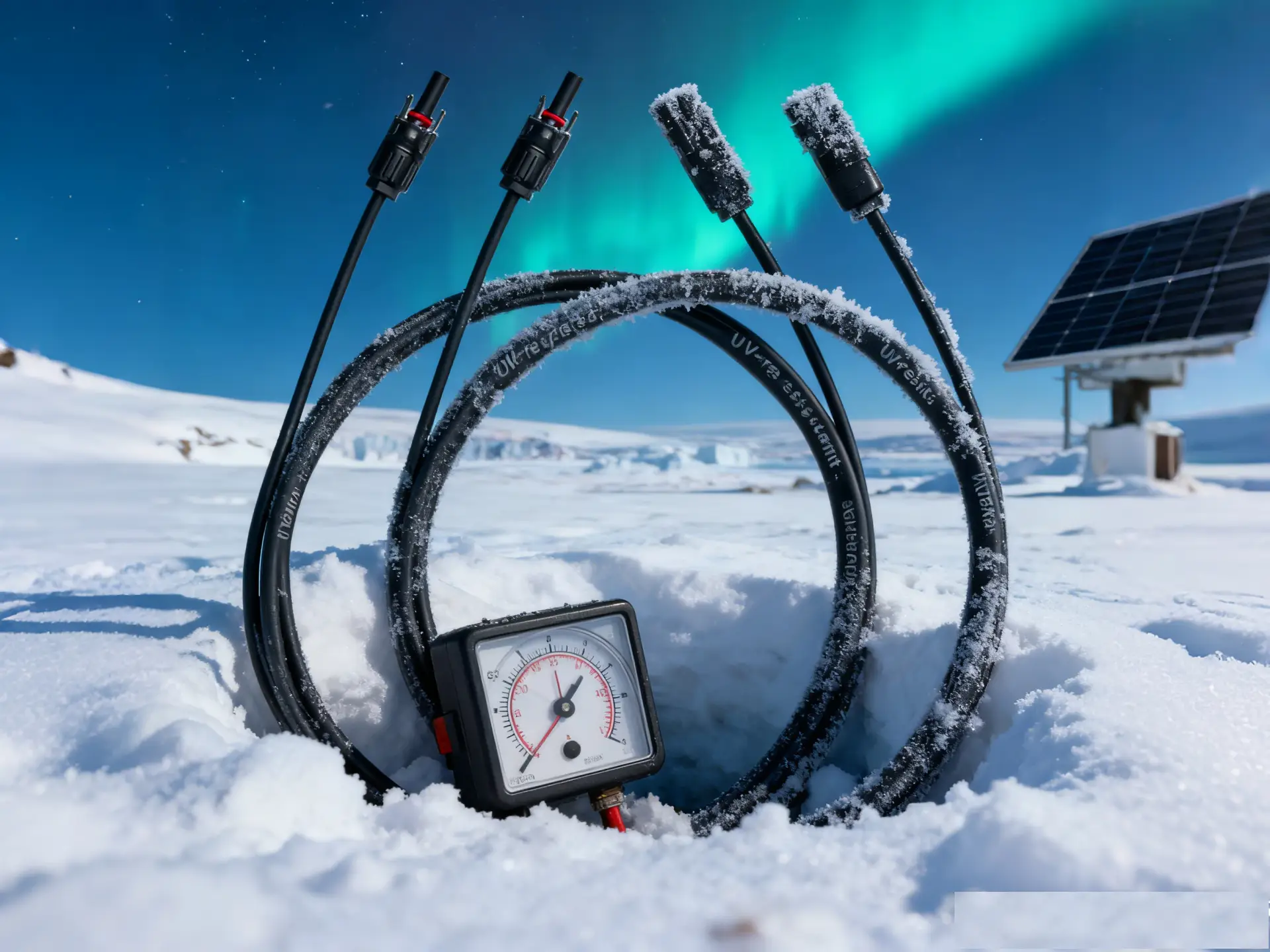 MC4 solar cables tested in extreme cold conditions with solar panel under aurora sky