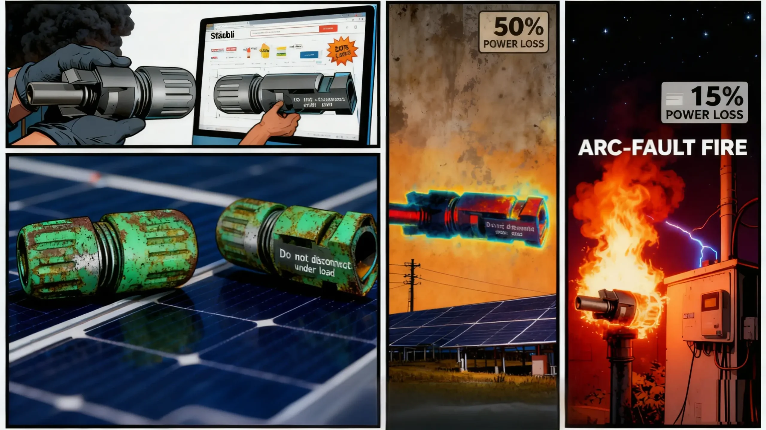 Solar connectors showing corrosion, power loss, and arc-fault fire risks on panels