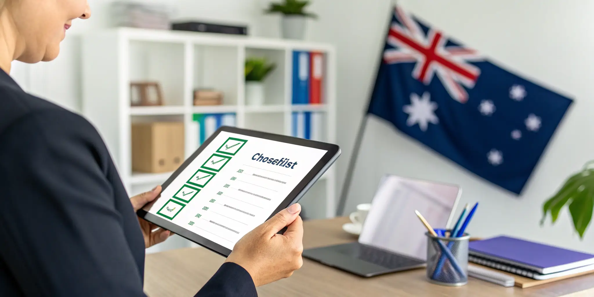 Businessperson checking import compliance checklist on tablet in Australian office