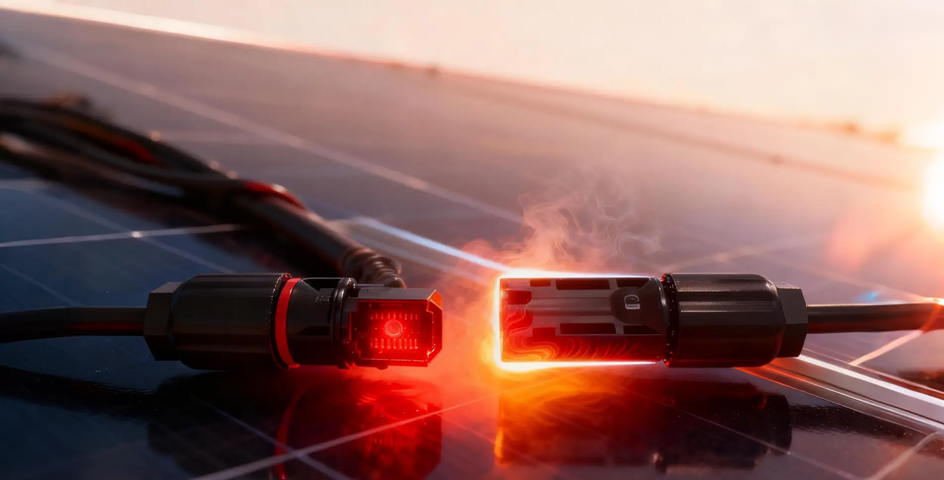 Solar connectors overheating on PV panel, showing fire risk and poor contact