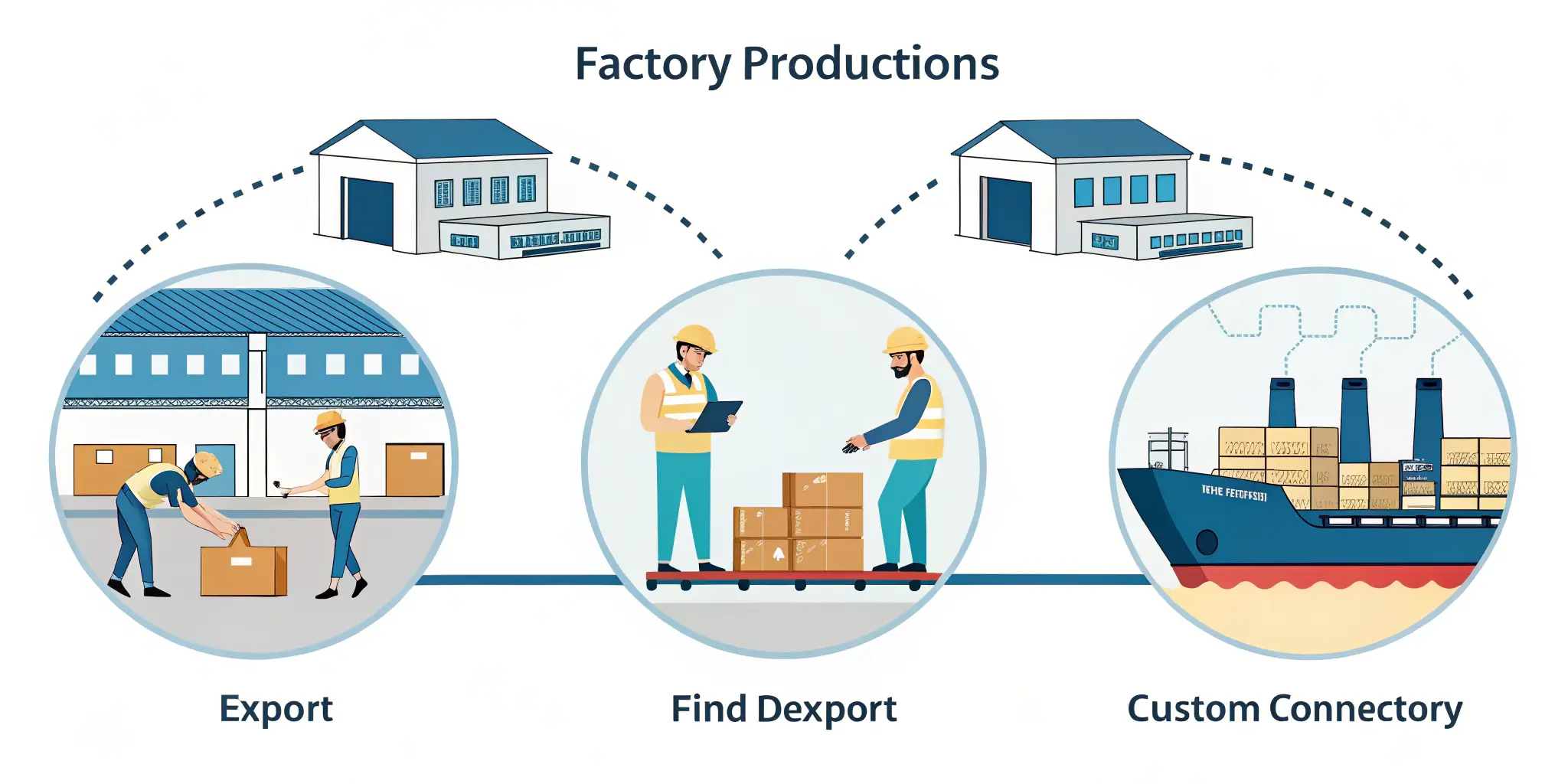 factory production stages for solar exports illustration, showing export, inspection, and shipment process