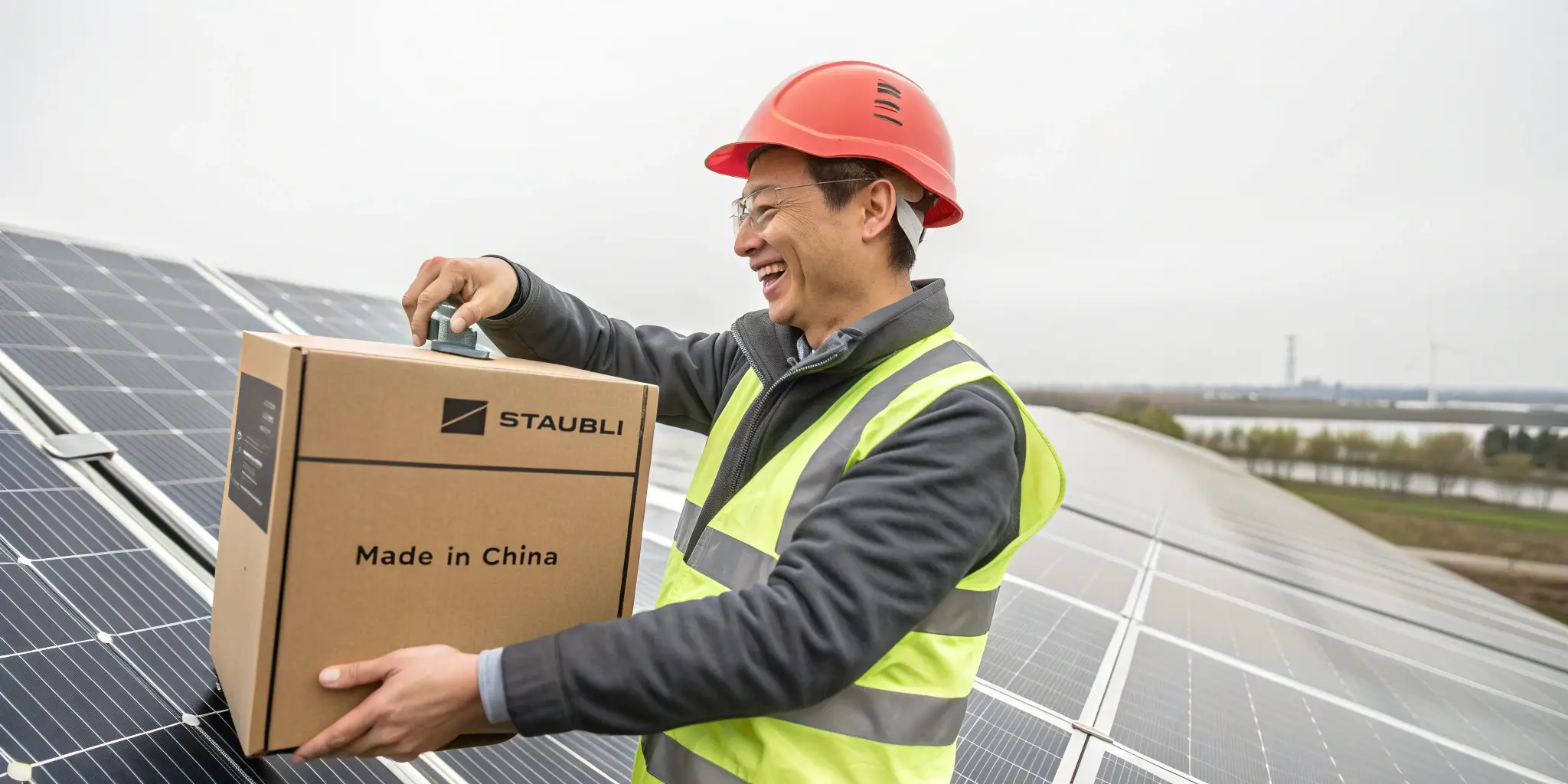 worker holding Staubli solar connector box on solar panel field, made in China
