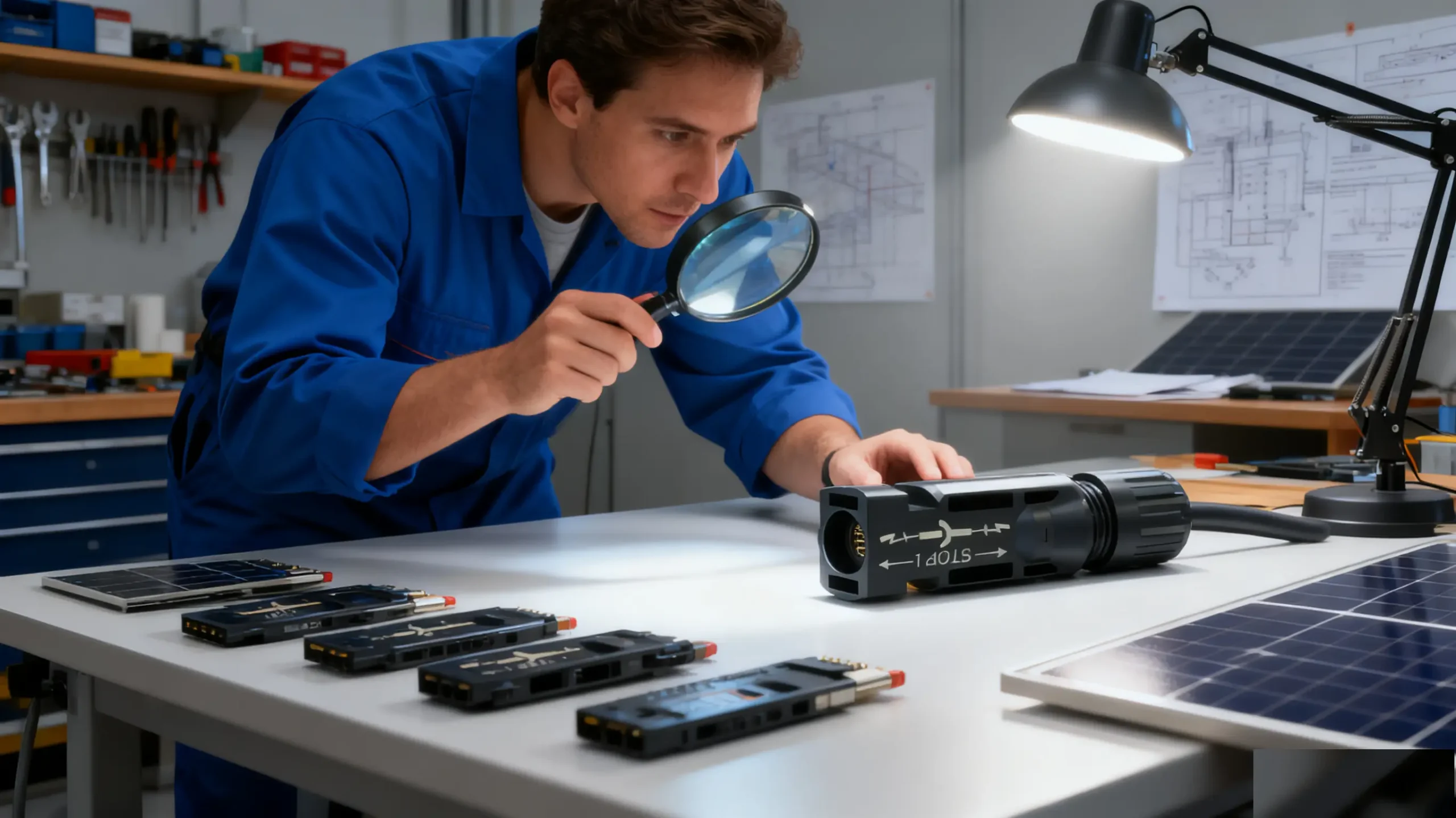 Engineer inspecting solar connector under magnifying glass in photovoltaic lab