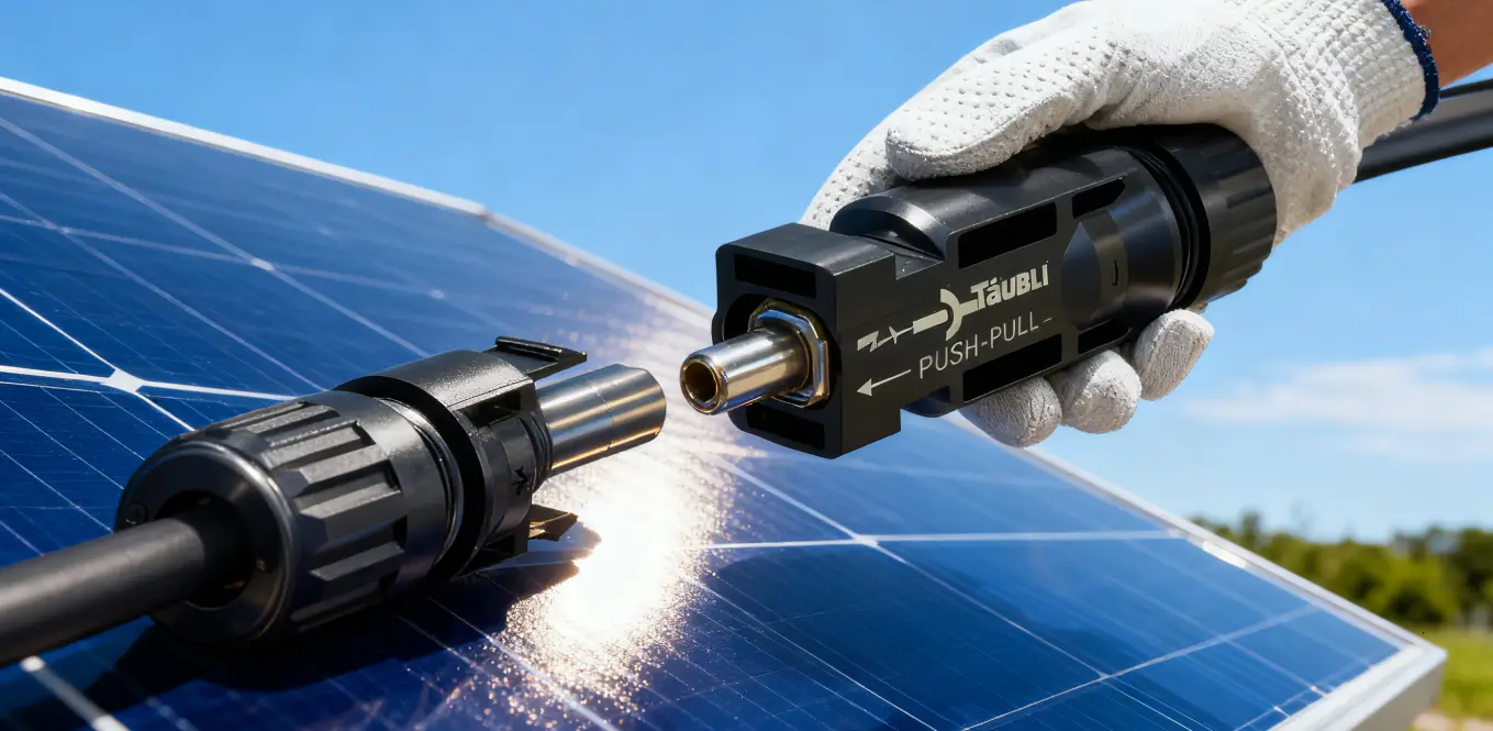 Stäubli PV connector installation on solar panel, clean energy connection