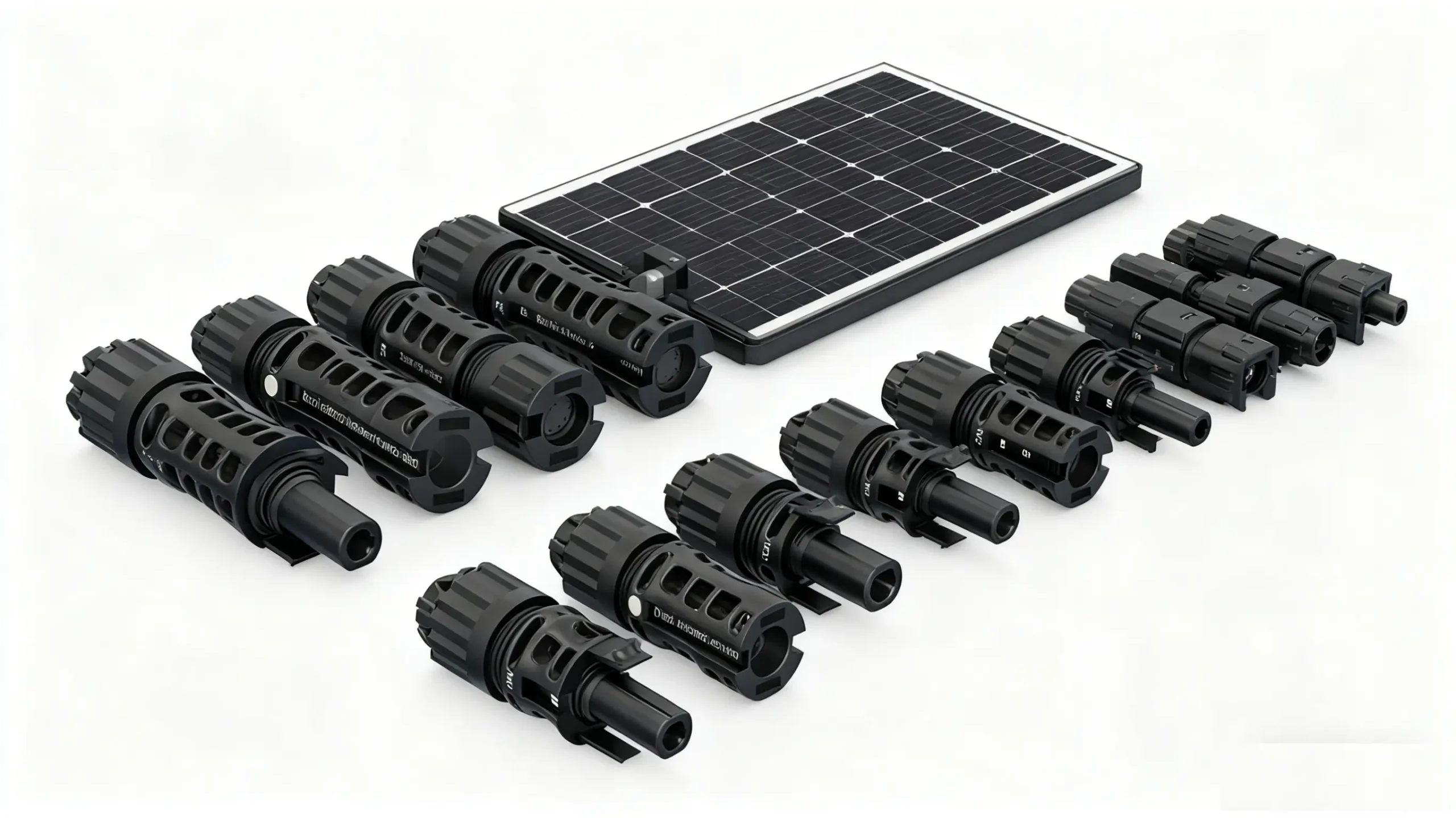 MC4 solar connectors set with PV panel, assorted models displayed
