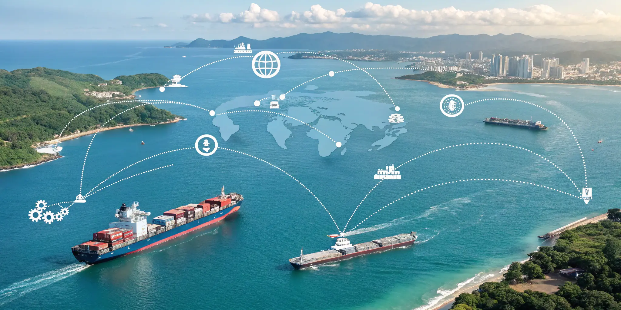Global shipping logistics with cargo ships and trade network routes over ocean