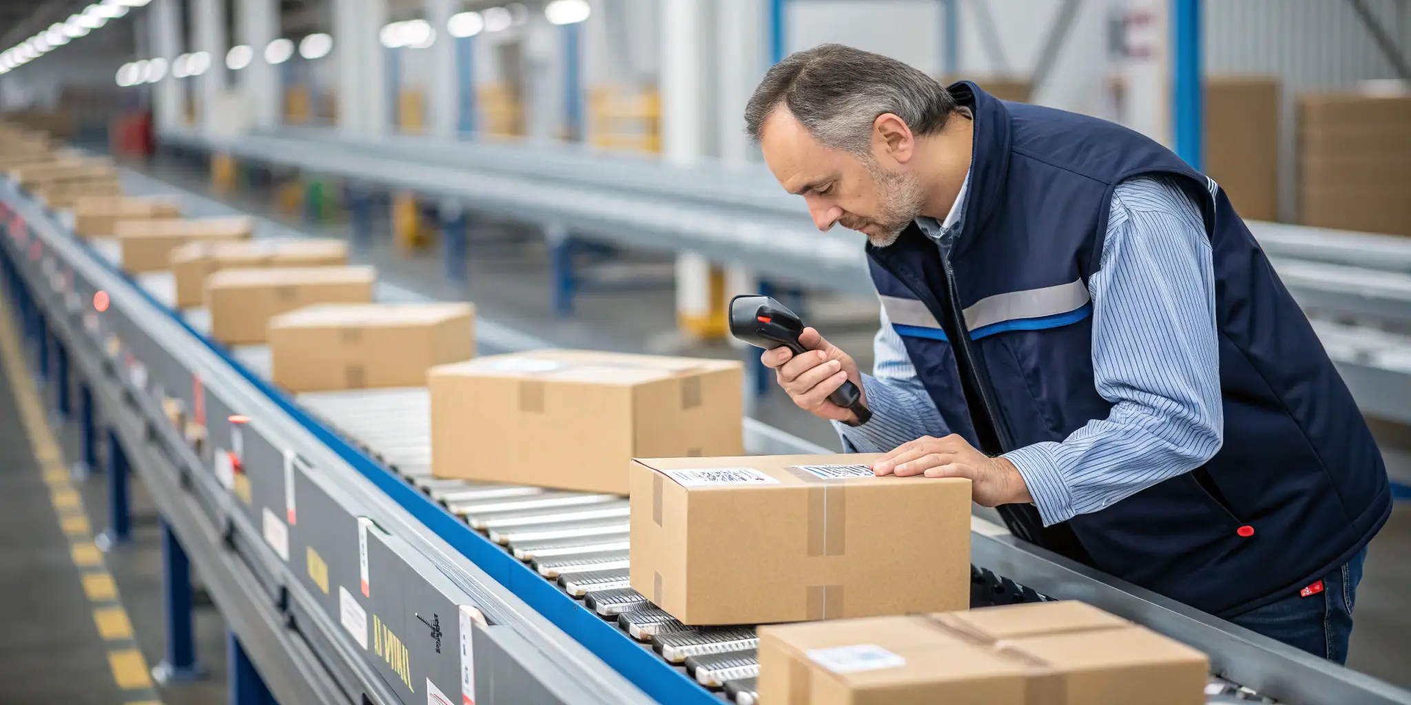 Worker scanning barcodes on boxes moving along warehouse conveyor line