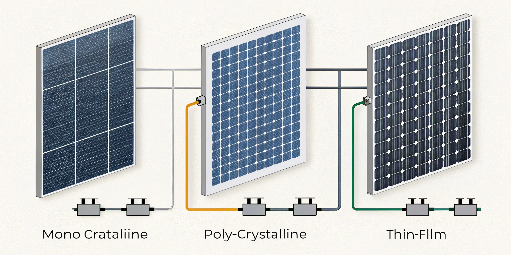 Different solar panel types: monocrystalline, polycrystalline, and thin-film connected in a PV system