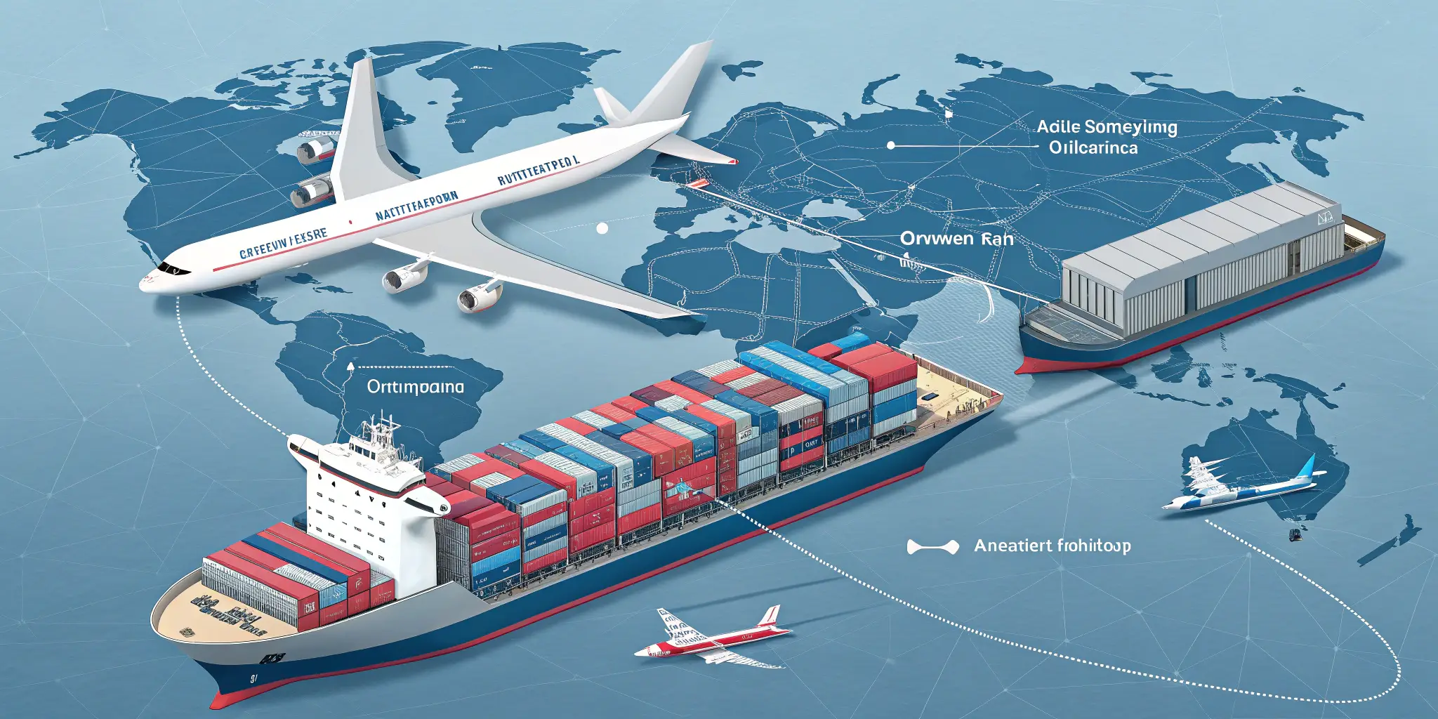 global shipping methods, air sea and truck logistics scene under sunrise