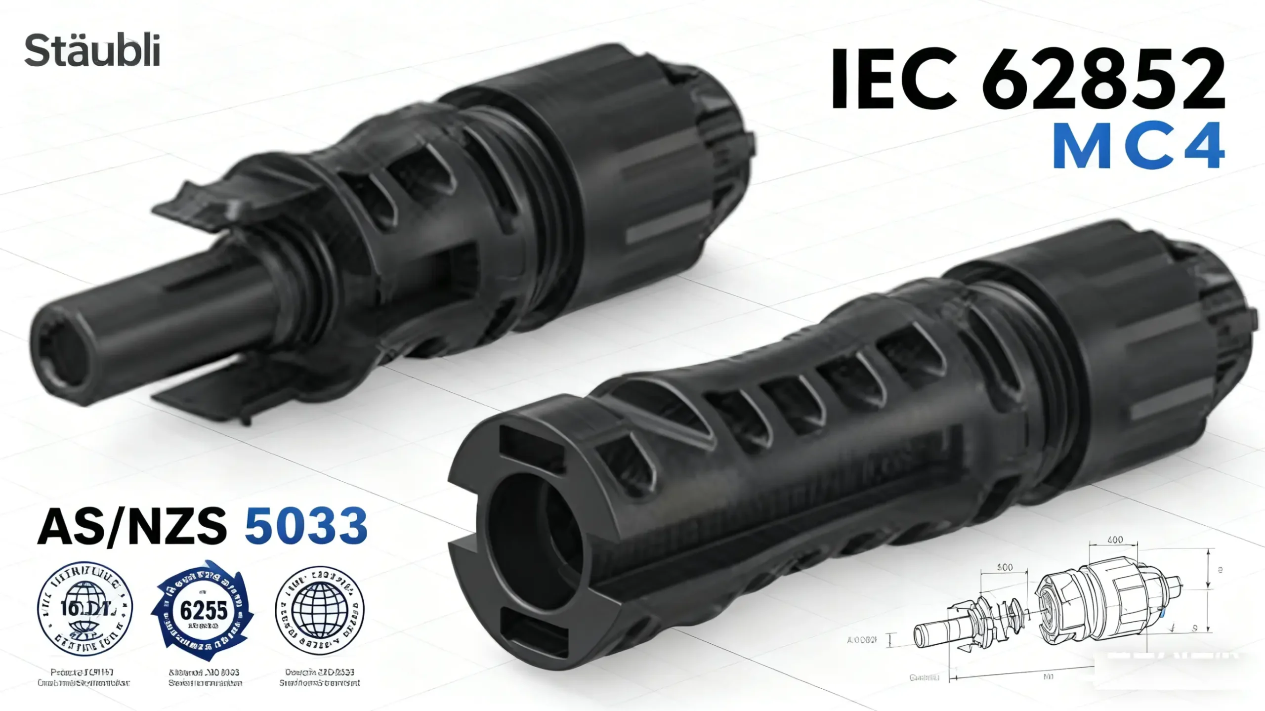 Staubli MC4 solar connector IEC 62852 and AS NZS 5033 certified