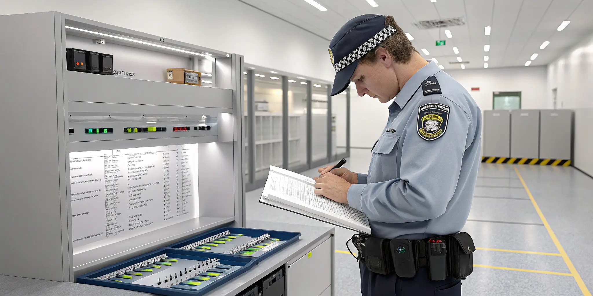Security officer inspecting equipment and logging compliance records in control room