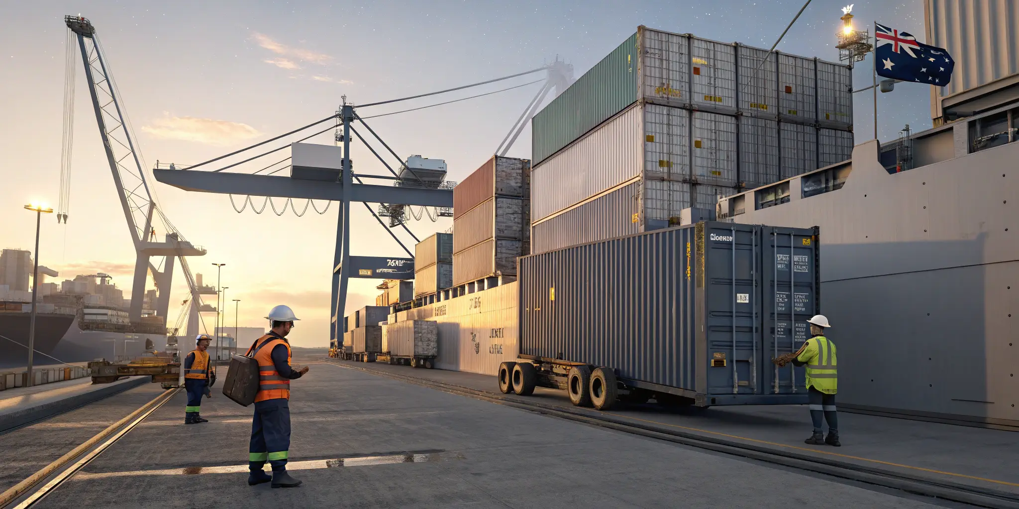 Shipping containers at port, workers unloading freight, morning sunlight