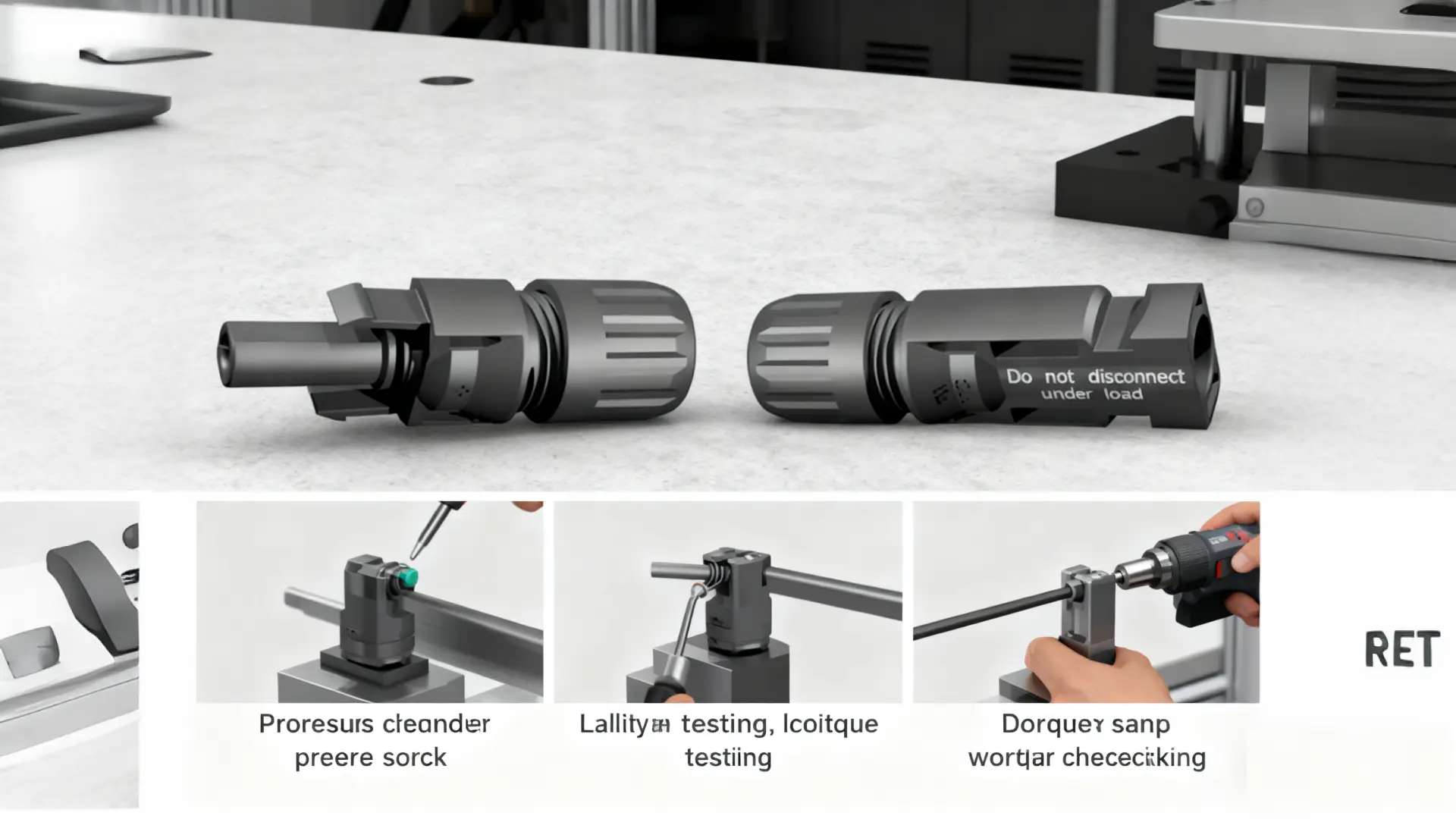 MC4 connectors on workbench with step by step torque and pull out testing process