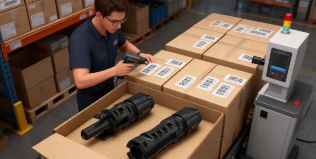 Staubli MC4 connectors with export packaging, shipment inspection scene (solar PV logistics)