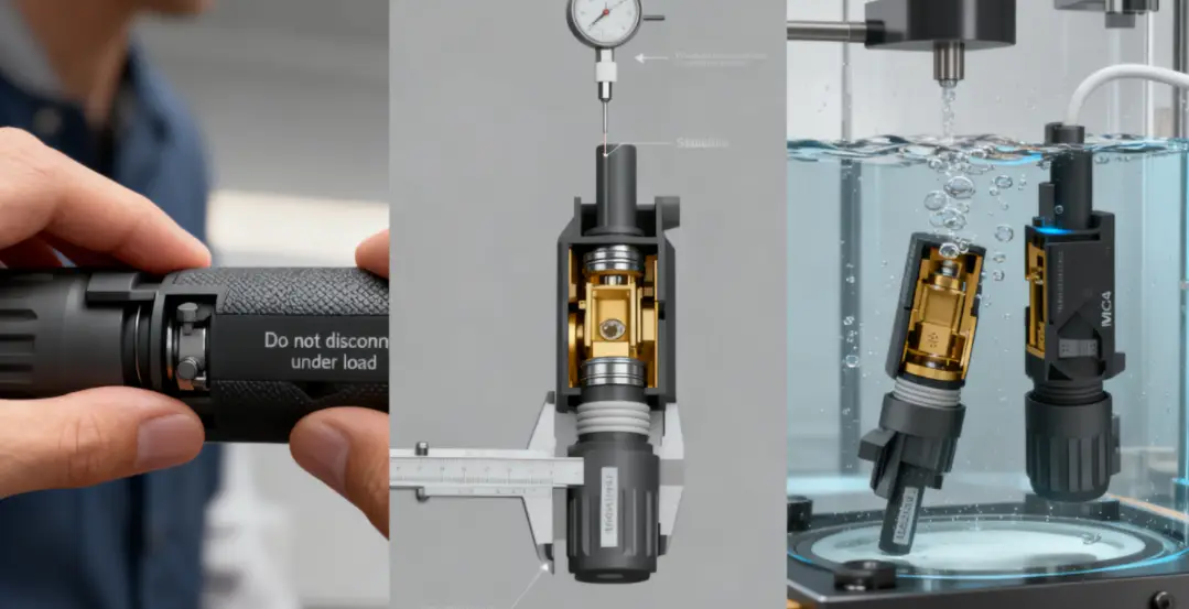 MC4 connector testing showing locking mechanism, cutaway structure, and waterproof test