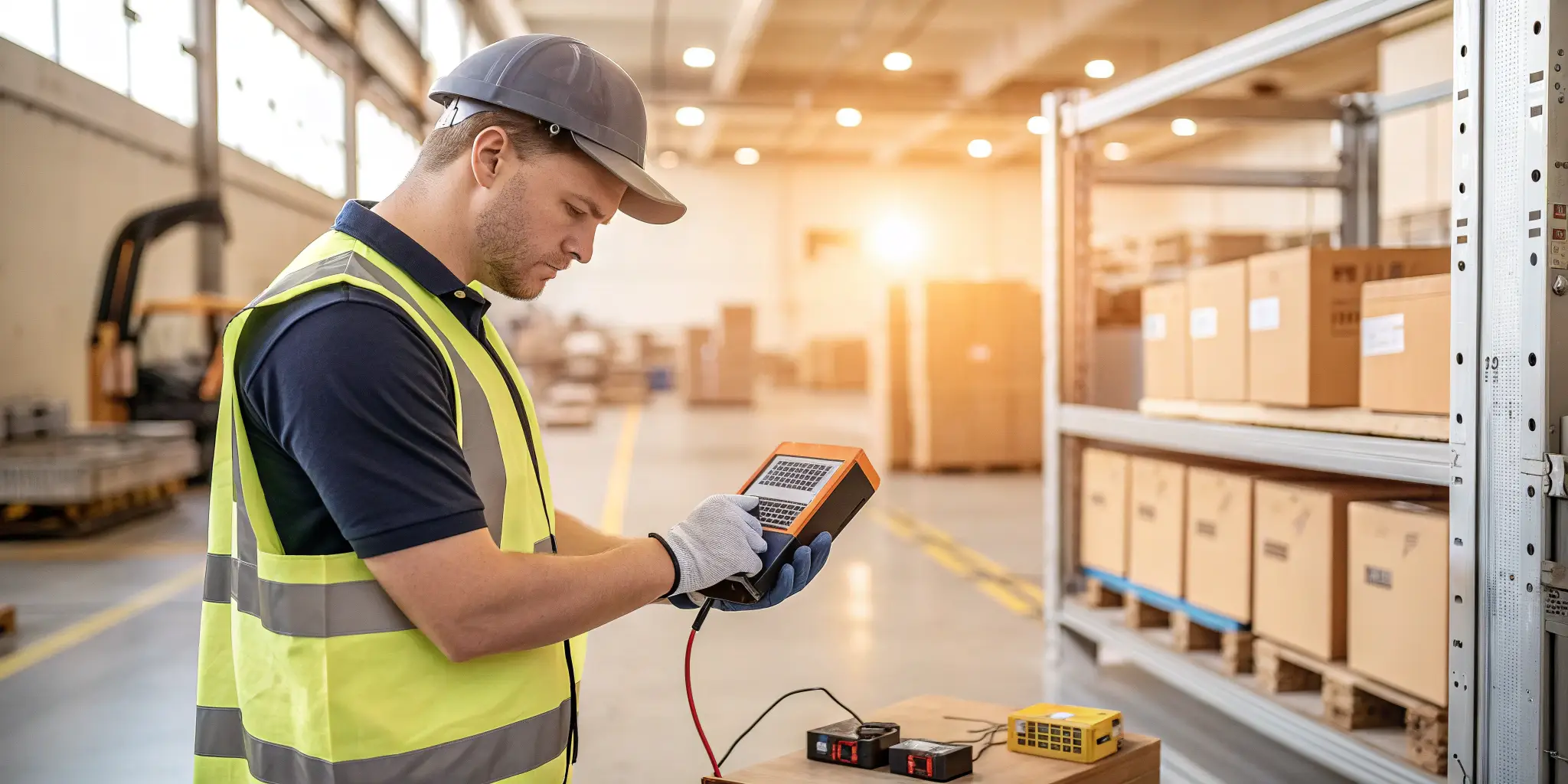 Technician testing solar equipment in warehouse with handheld meter