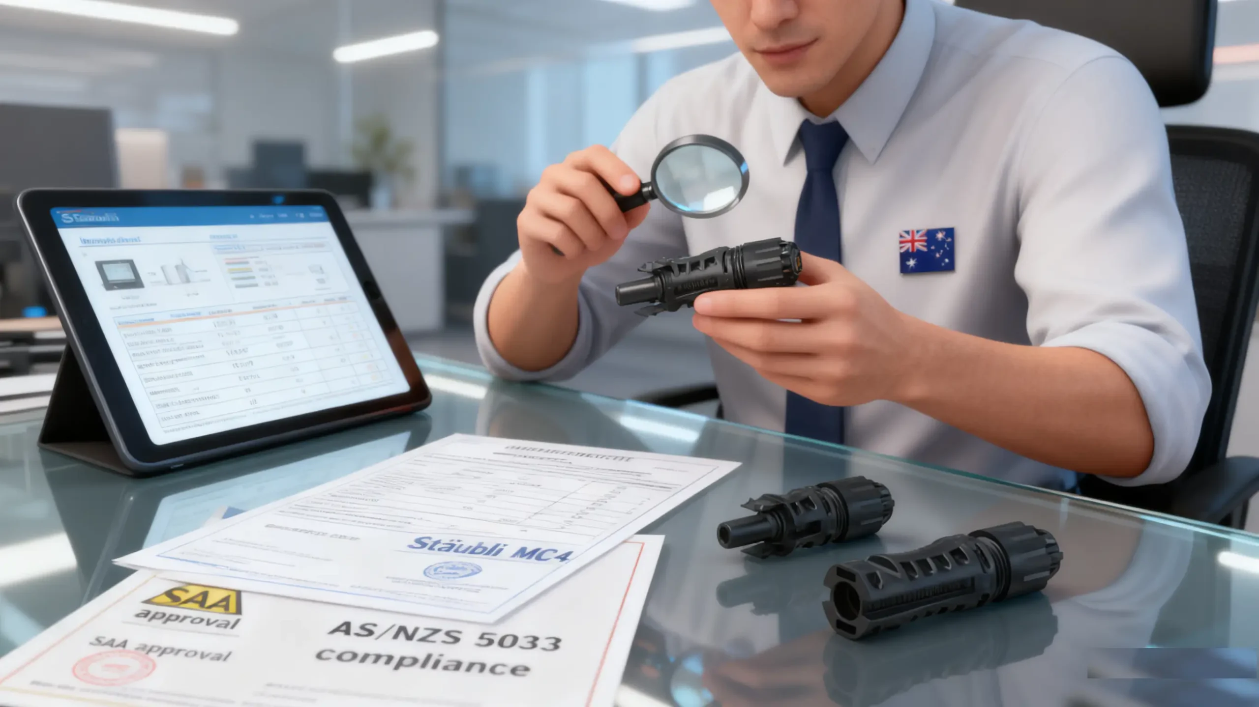 Engineer inspecting PV connectors for certification compliance at office desk