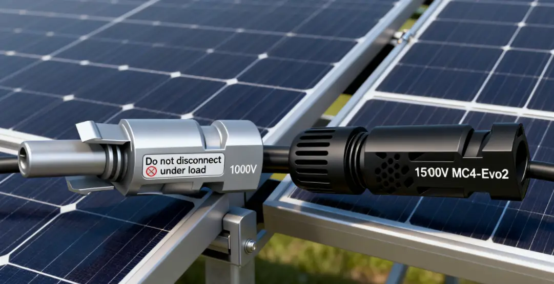 1000V and 1500V MC4 connectors linked on solar panels