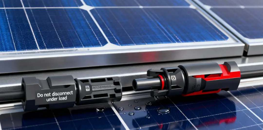 MC4 solar connectors with water droplets on photovoltaic panels