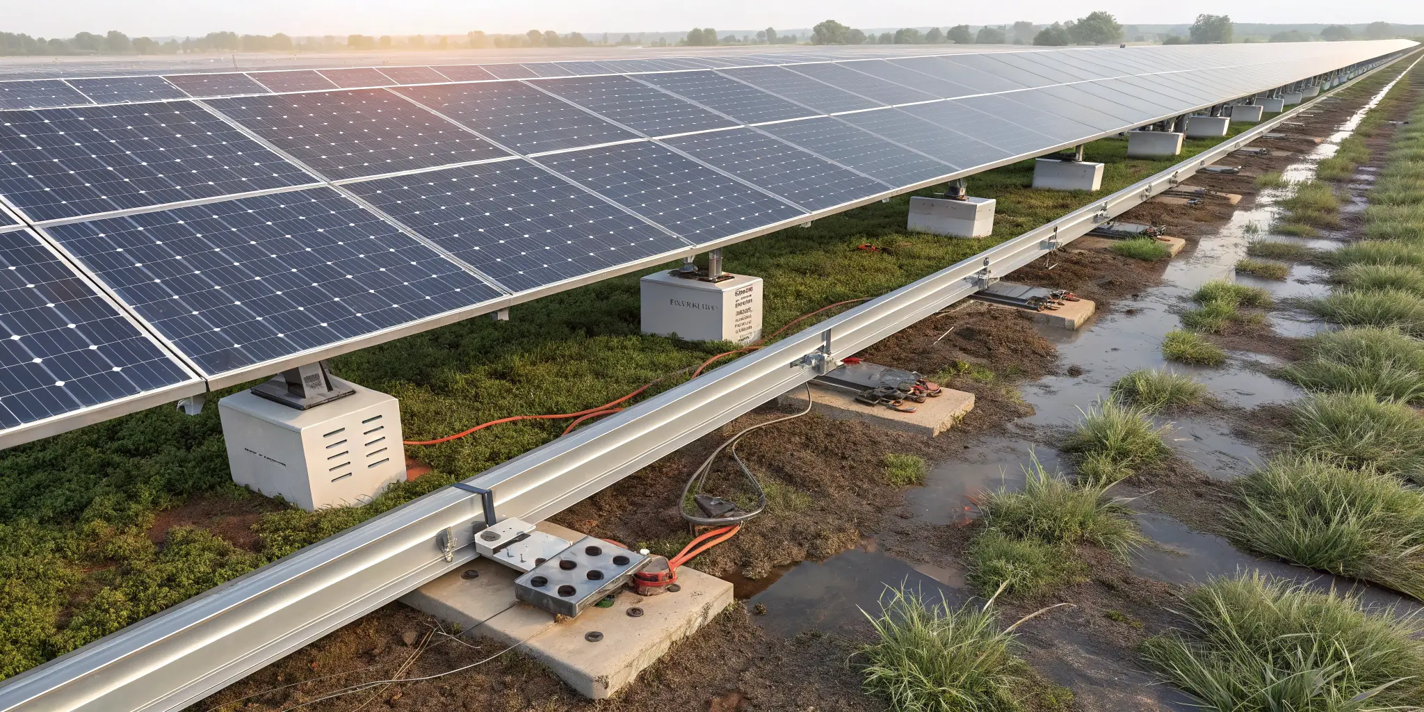 solar farm installation with ground-mounted panels and cable routing system