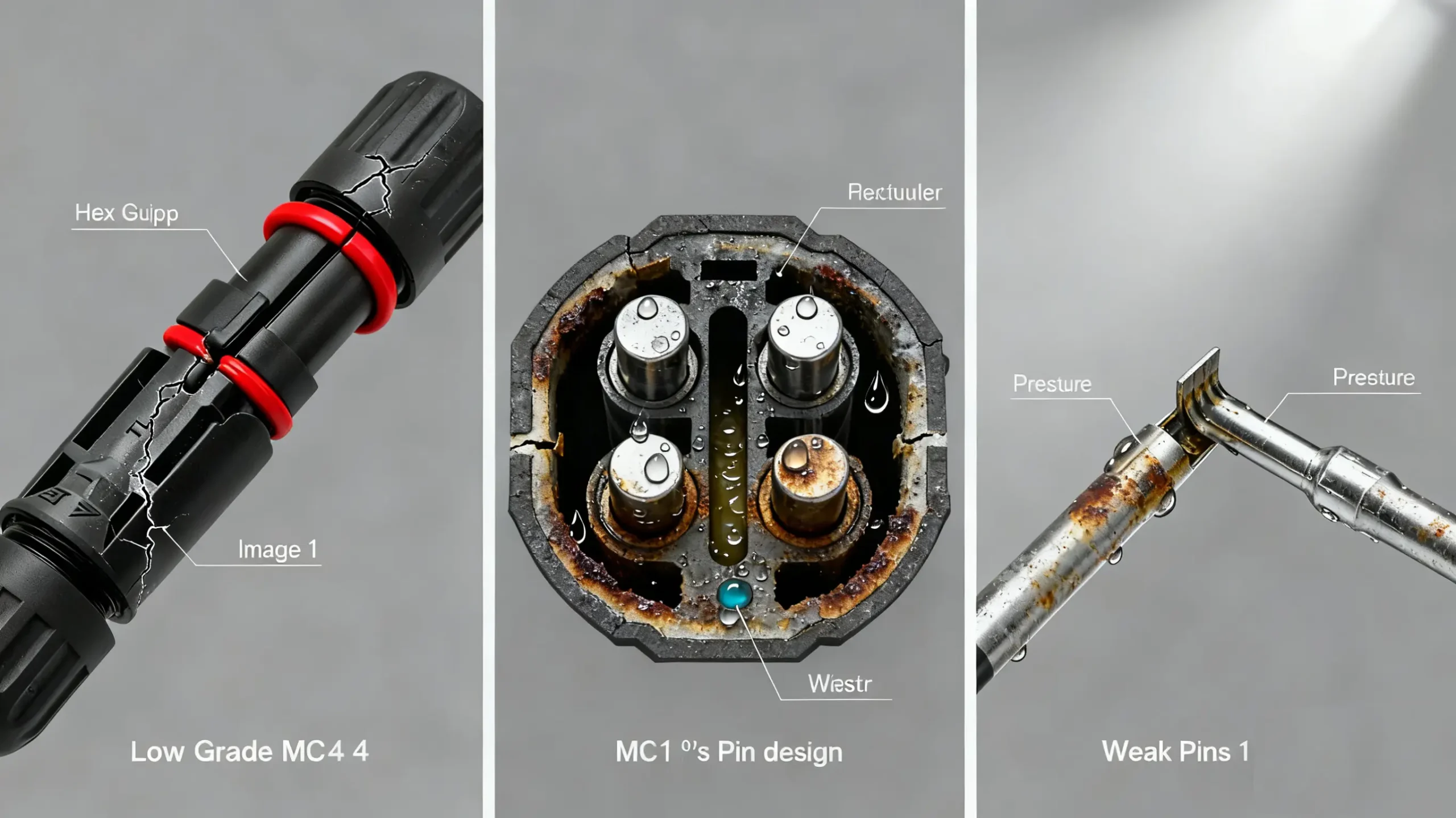 Comparison of low grade MC4 connectors showing cracked housings, corroded pins and weak contacts