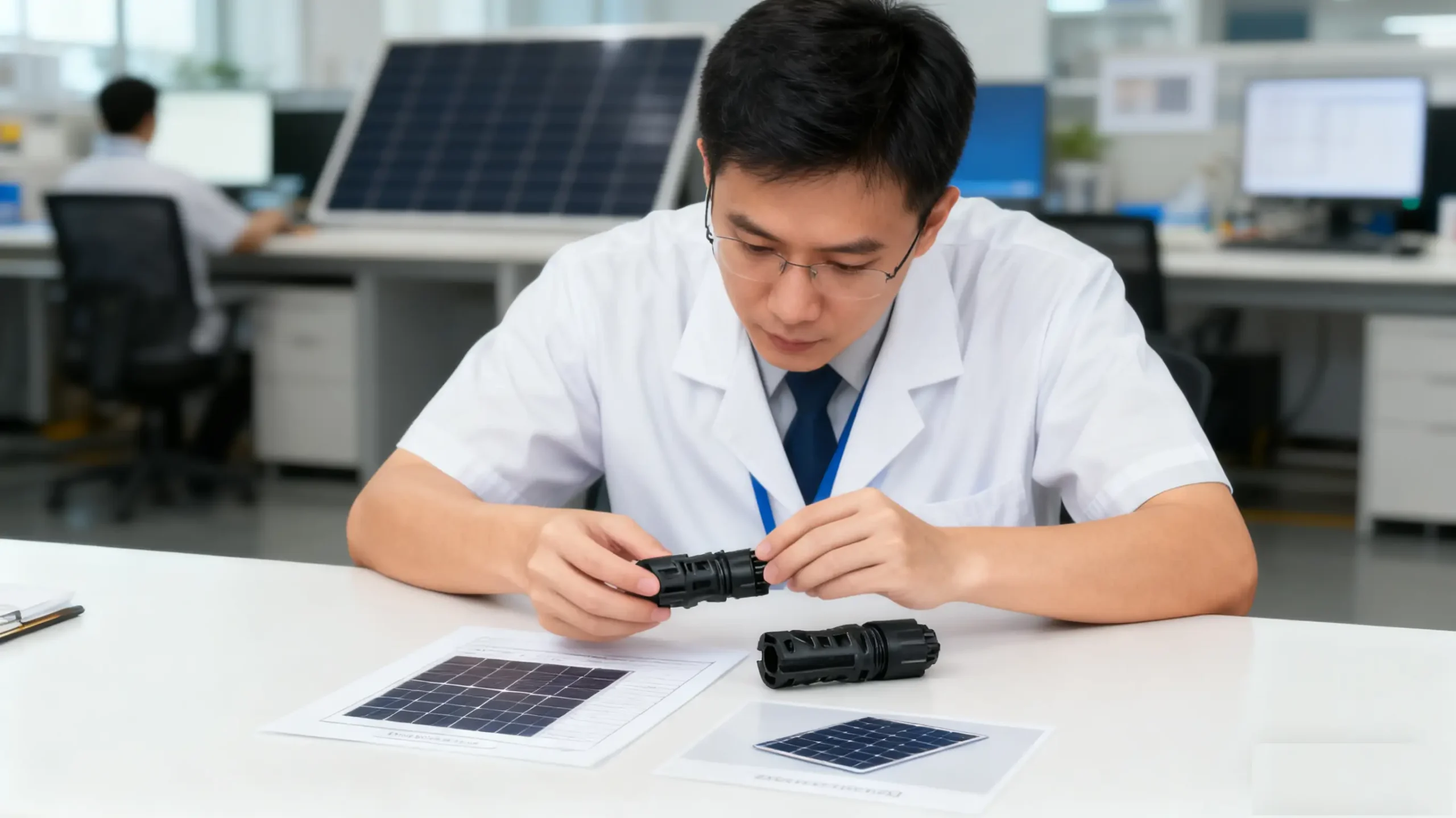 Engineer testing Staubli MC4 connectors in laboratory environment (PV connector testing)