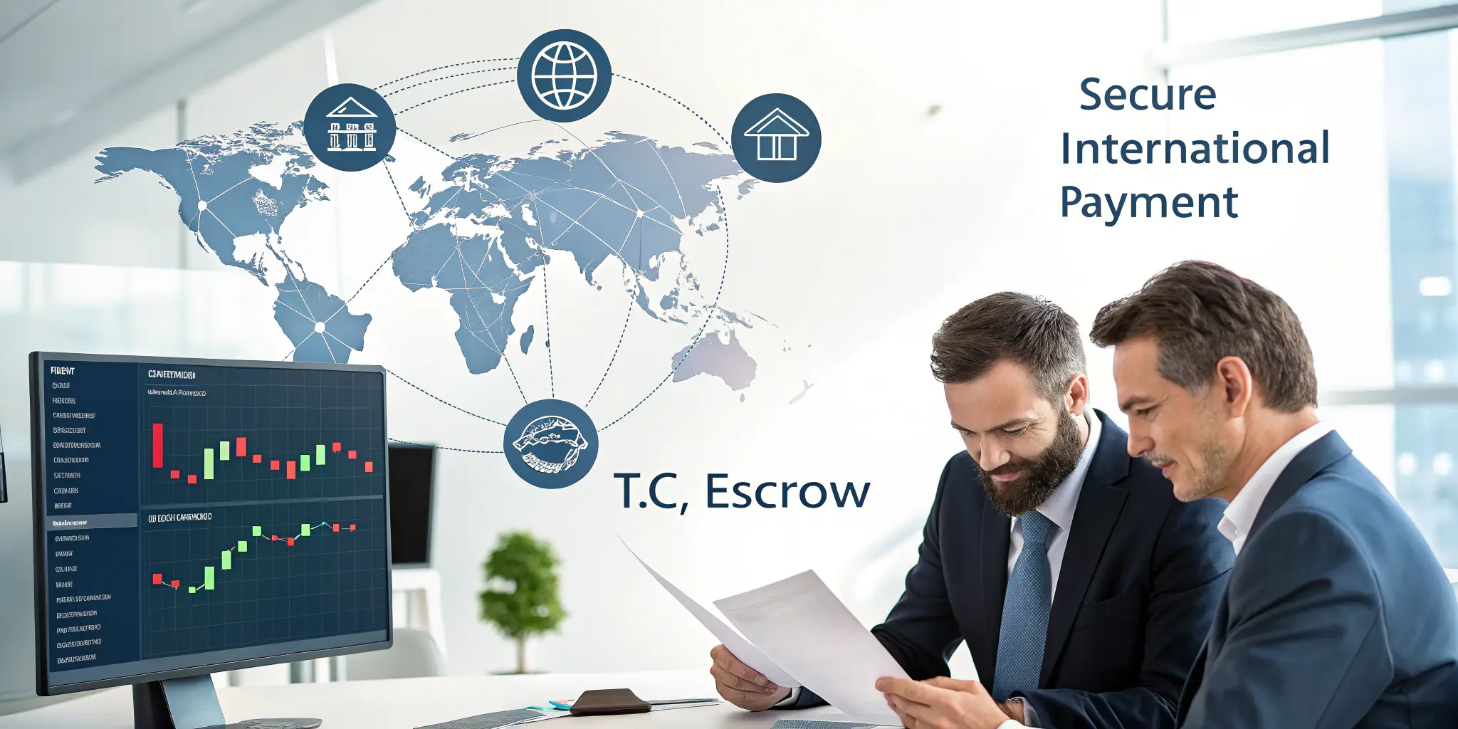 Business partners reviewing documents about secure international payment solutions