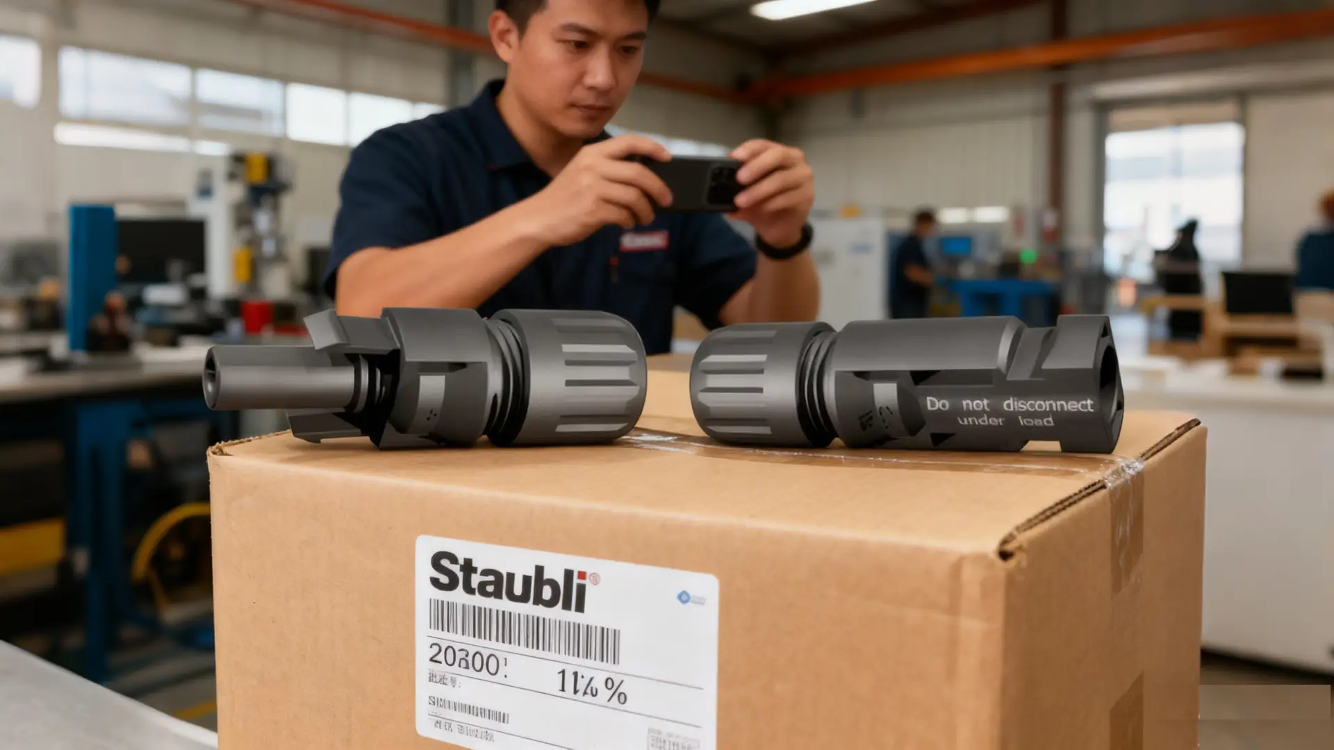 Worker photographing Staubli MC4 connectors for QC before shipment (factory inspection)