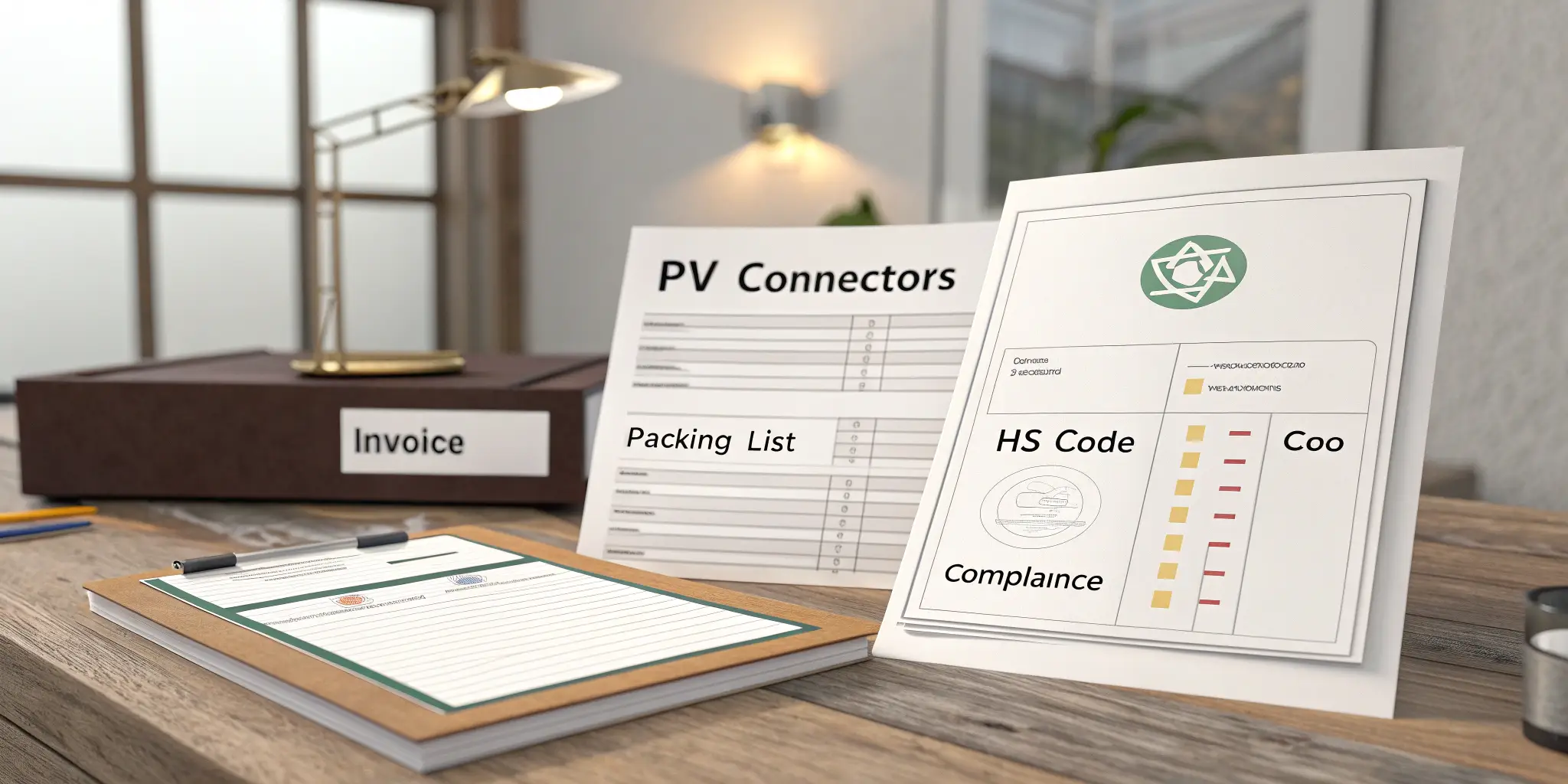 PV connector packing list and compliance documents on table