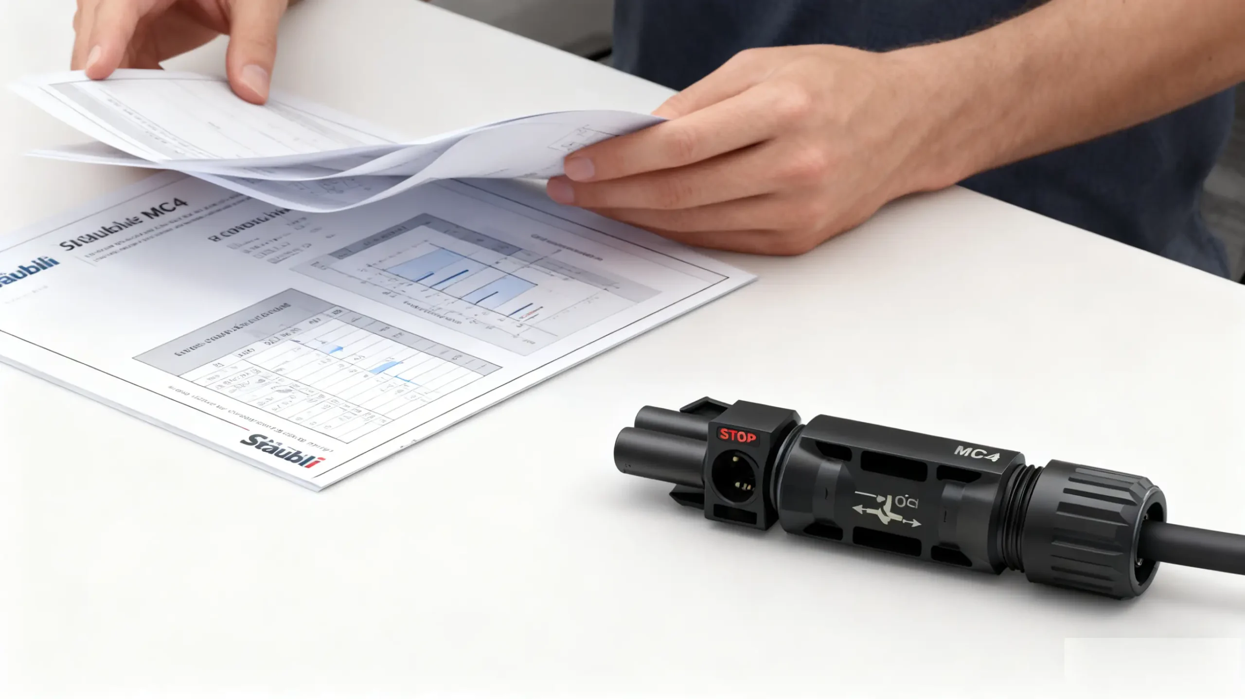 Engineer reviewing Staubli MC4 datasheet with connector