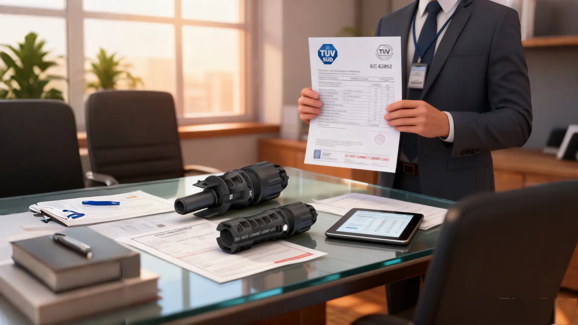 Businessman presenting TUV IEC 62852 certificate with MC4 connectors on meeting table