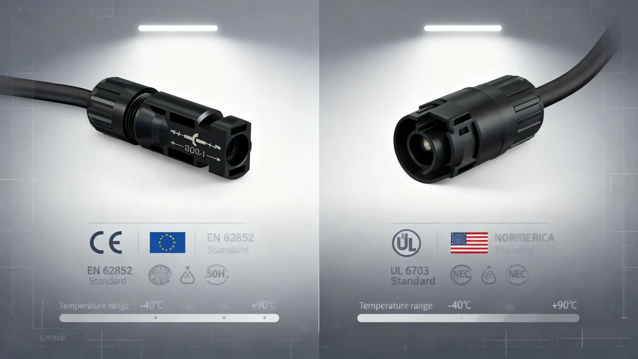 EU CE and US UL rated MC4 connectors with EN 62852 and UL 6703 standards comparison