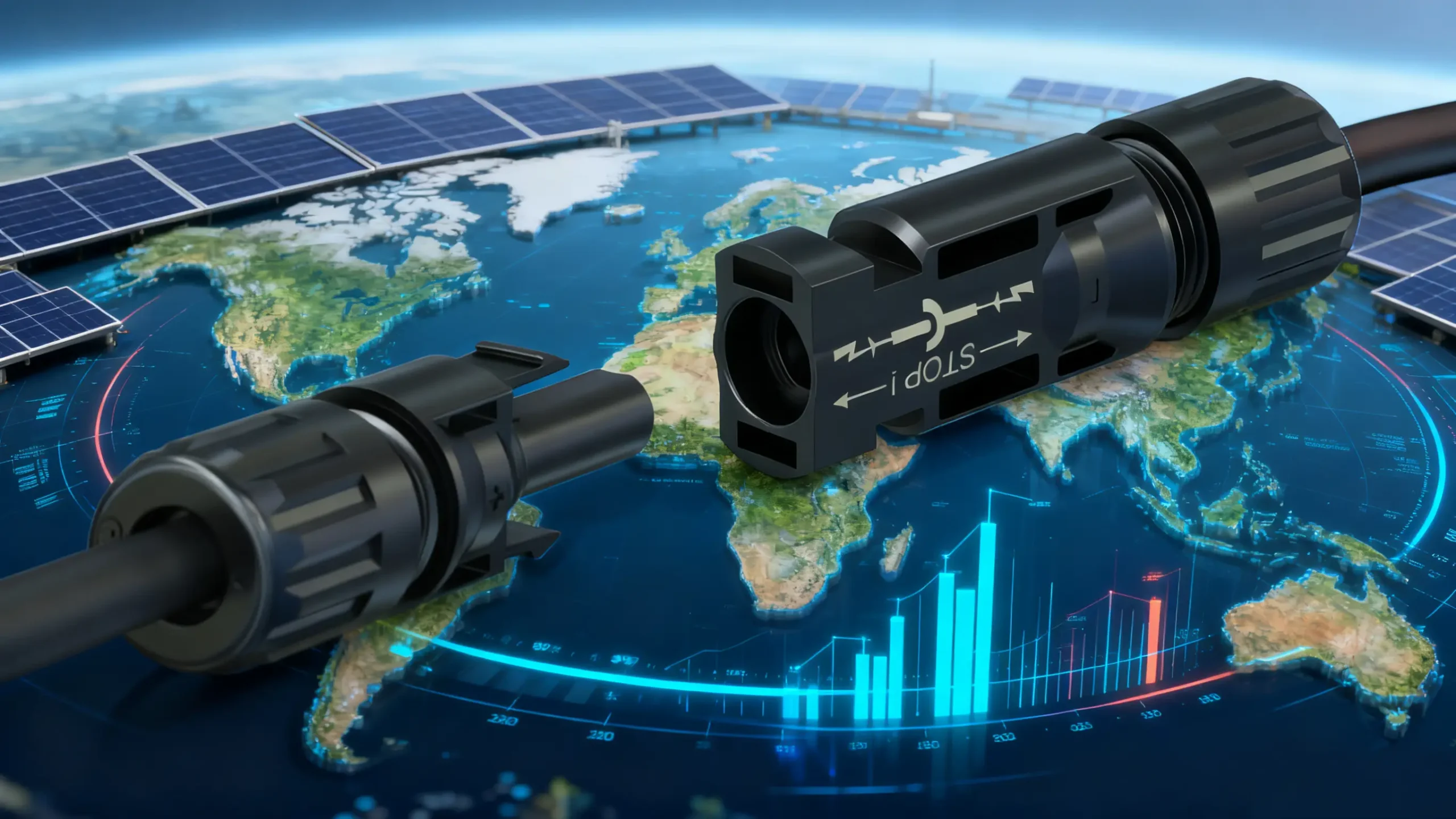 PV connectors on digital world map with solar growth charts