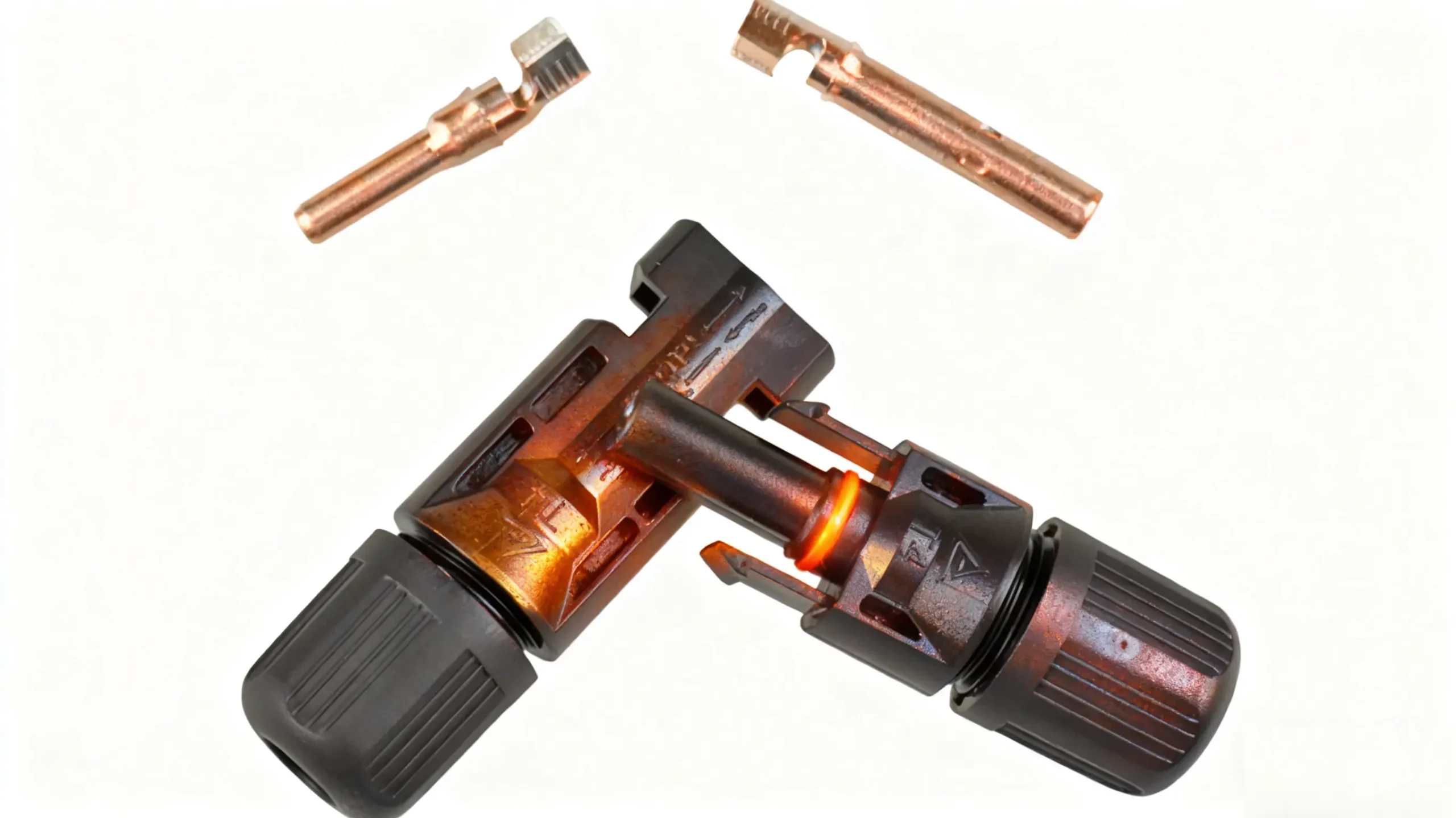 overheated MC4 connector with glowing plastic and damaged copper pins