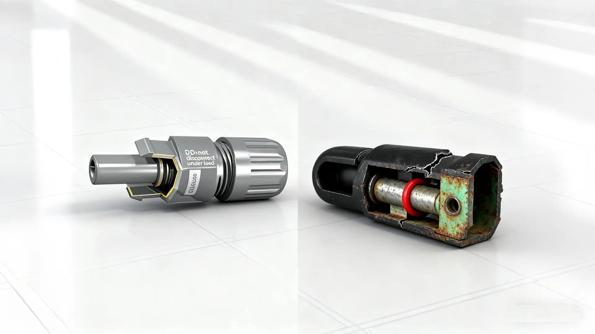 Side by side comparison of premium [corrosion](https://www.superengineer.net/blog/electronics-connector-corrosion)[^9] resistant PV connector and cutaway view of rusted cracked connector