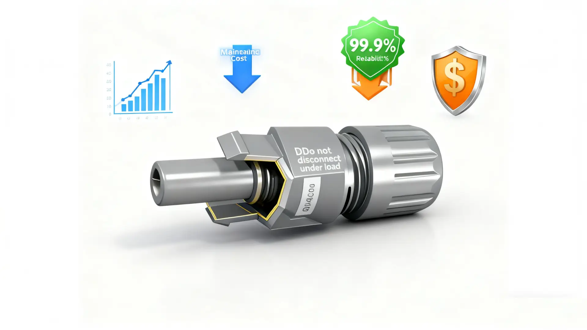 High reliability PV connector highlighting low maintenance cost, 99.9 percent uptime and financial protection