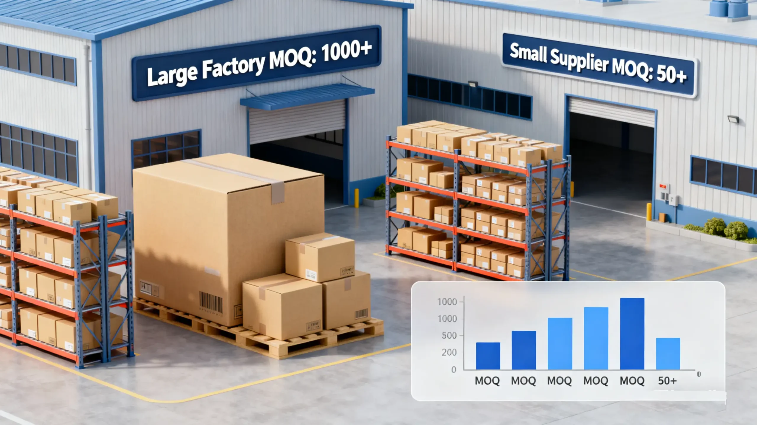 Factory MOQ comparison, large vs small suppliers with boxes