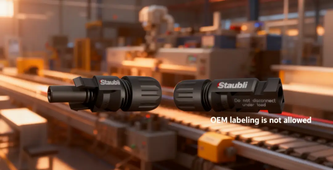 Staubli solar connector pair with OEM labeling restriction in factory environment