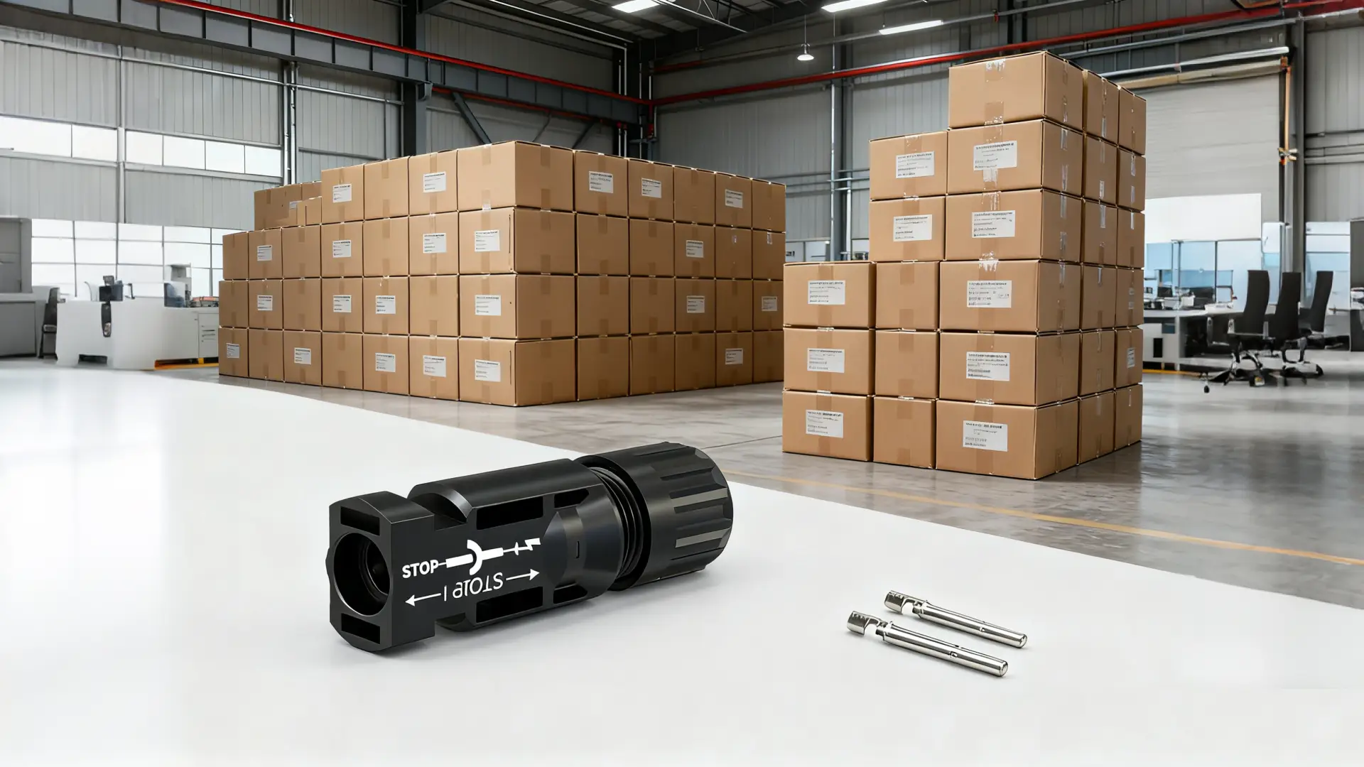 PV connector in warehouse, bulk stock storage scene