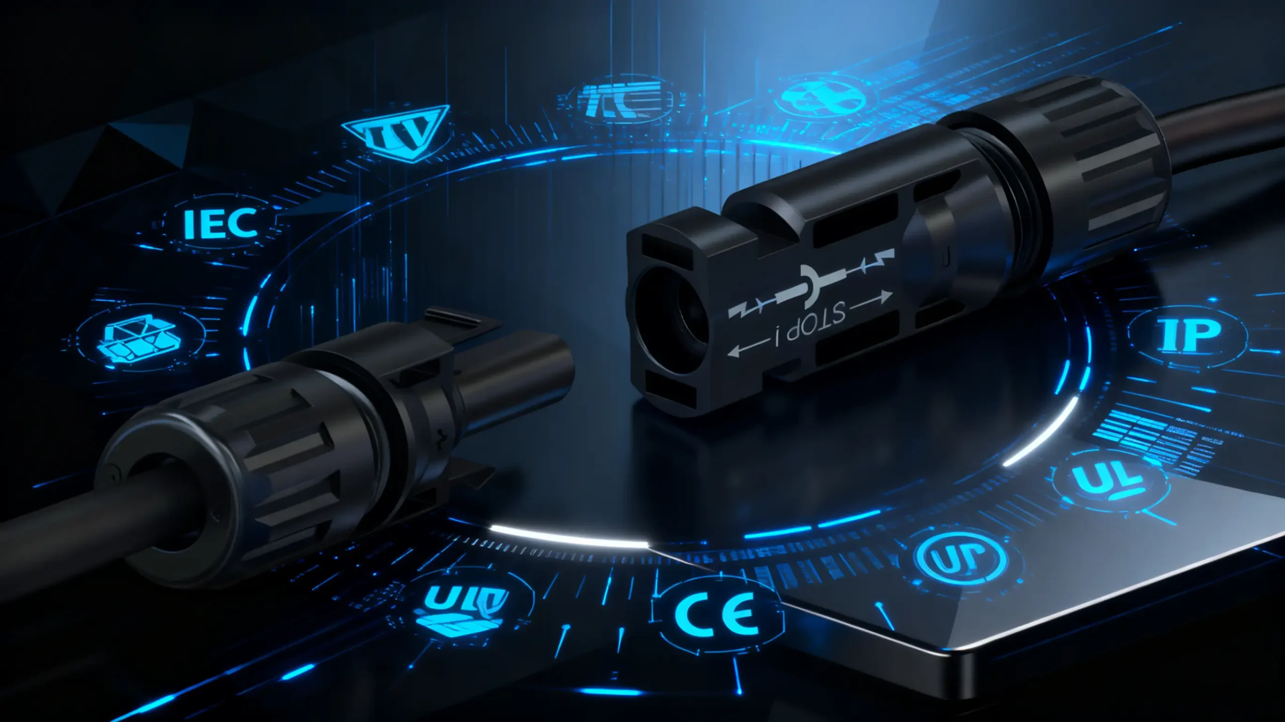 MC4 solar connector with IEC UL TÜV CE certification icons, showing global PV safety compliance