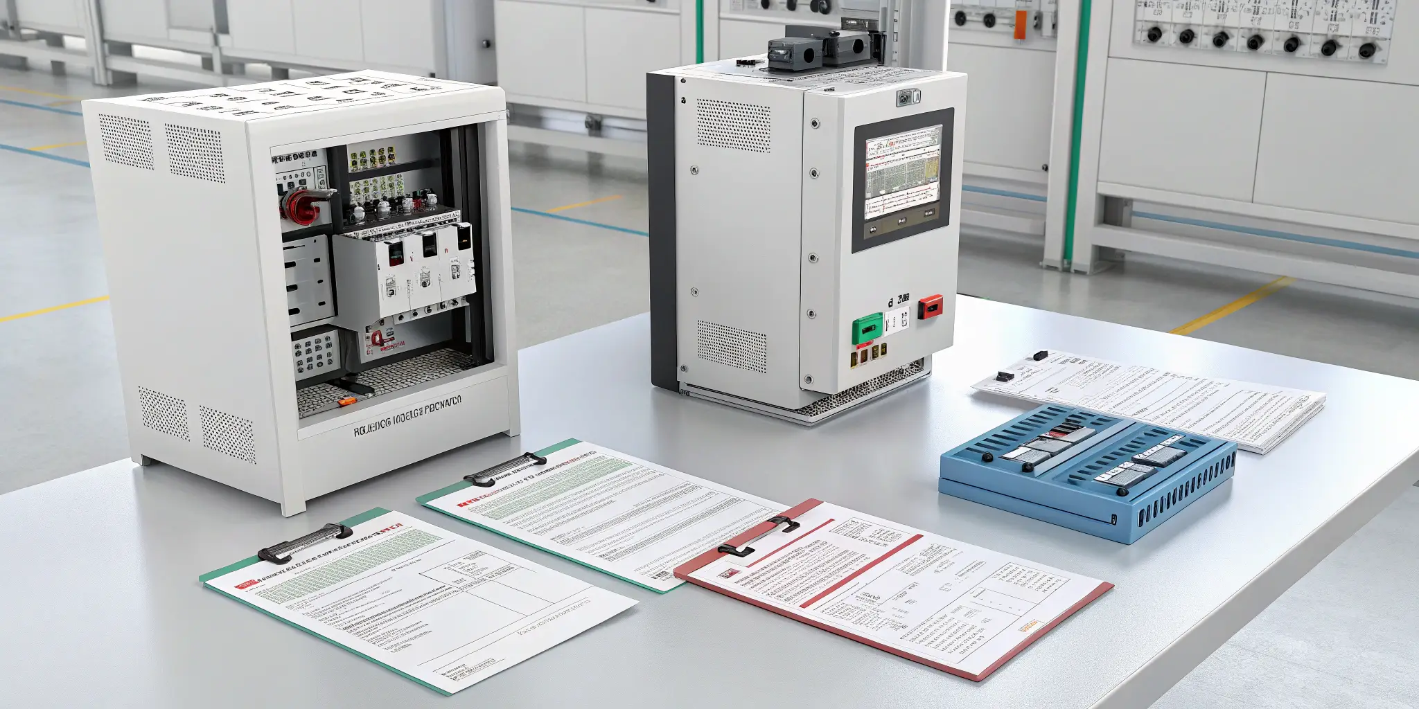 Electrical test equipment and inspection documents on lab workbench