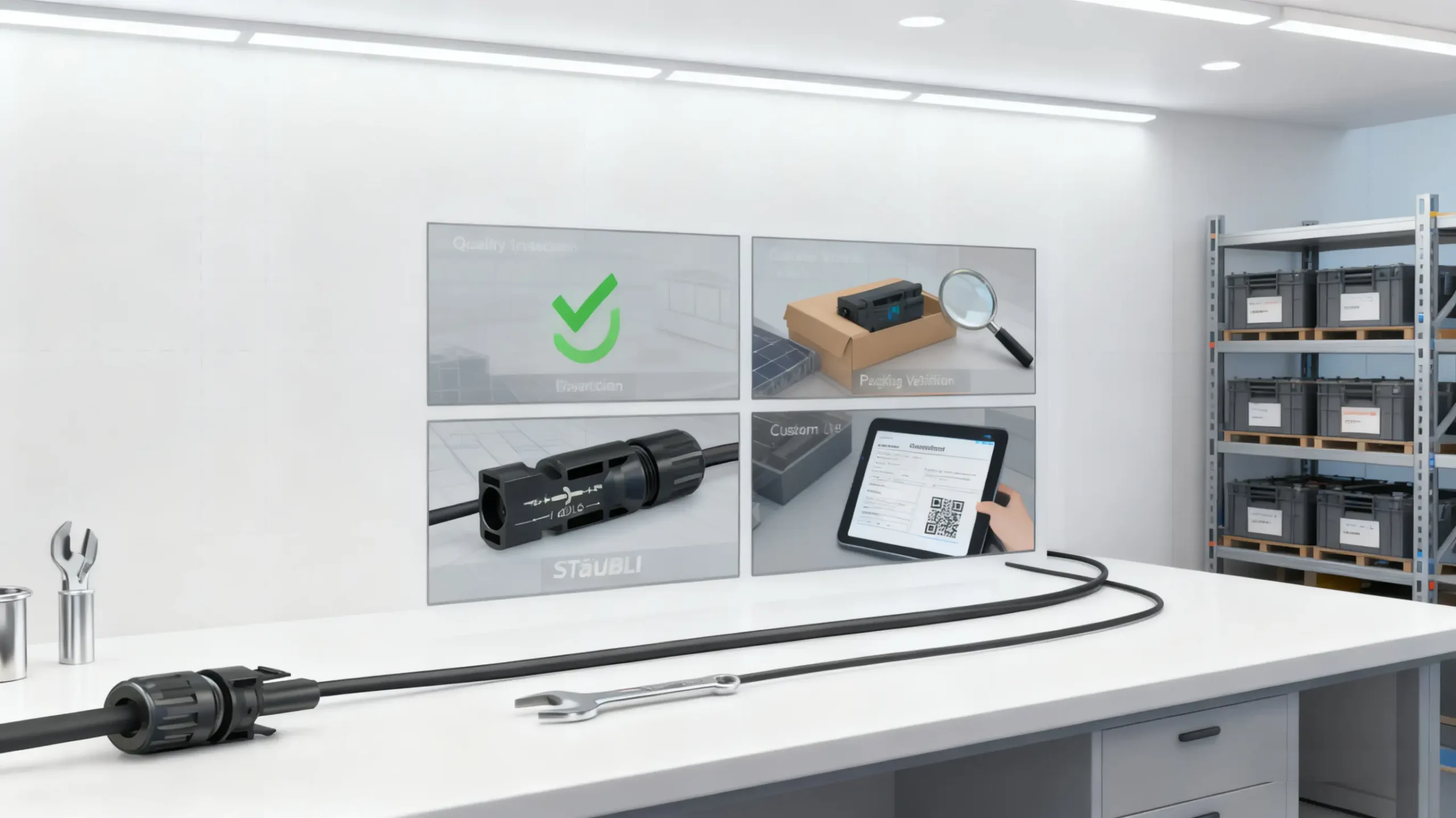 MC4 connector quality inspection and packaging workflow in clean lab