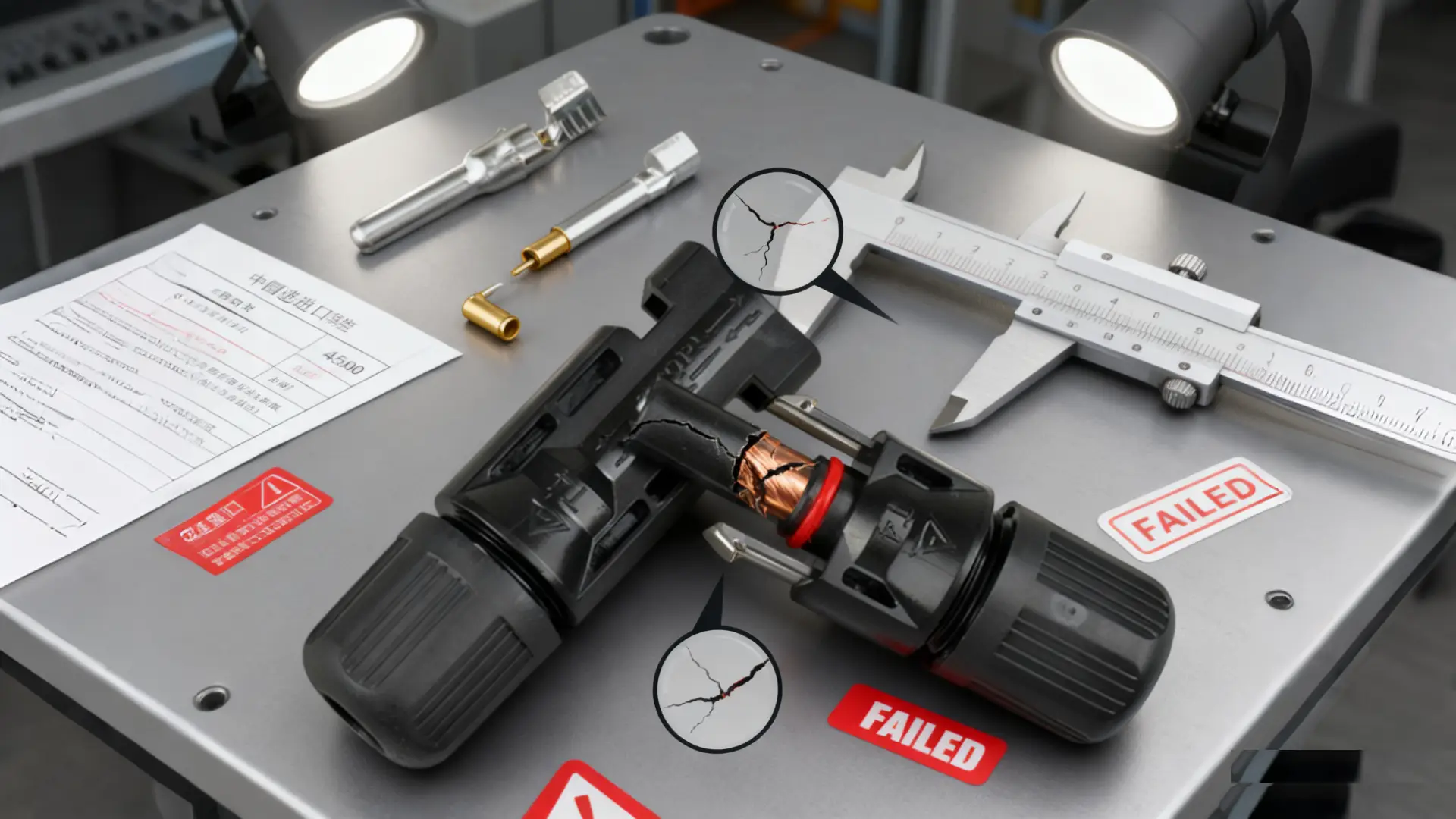 burned and cracked MC4 connector on testing table, failed inspection