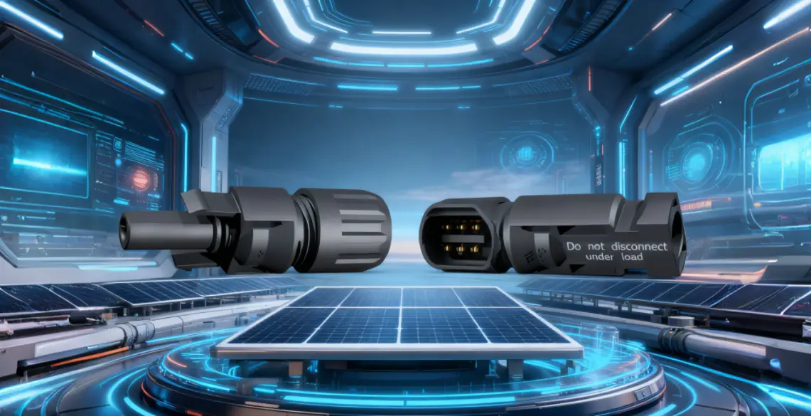 PV connectors floating above futuristic solar array in high tech lab