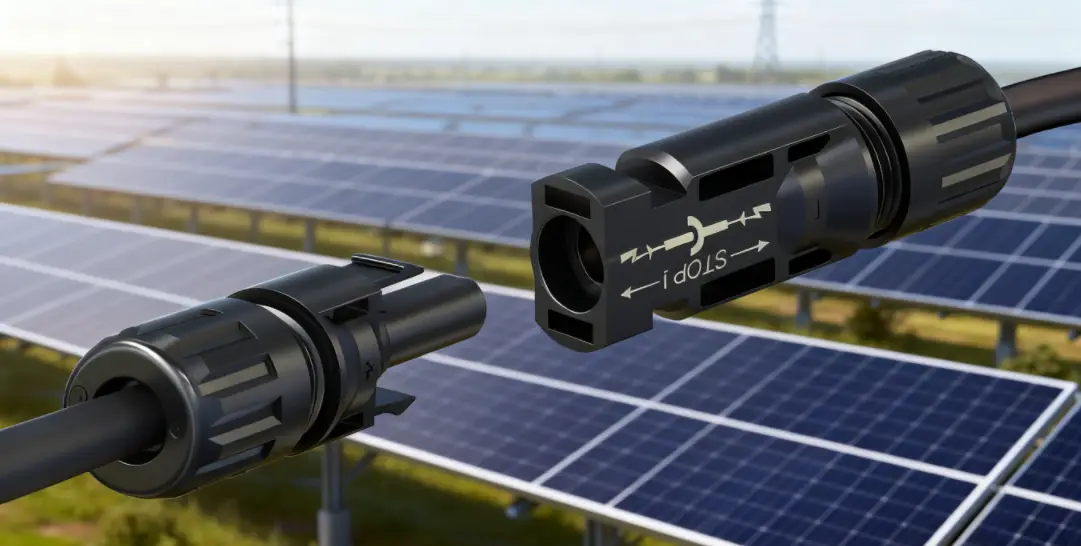 PV connectors aligning for safe connection in front of solar panel field